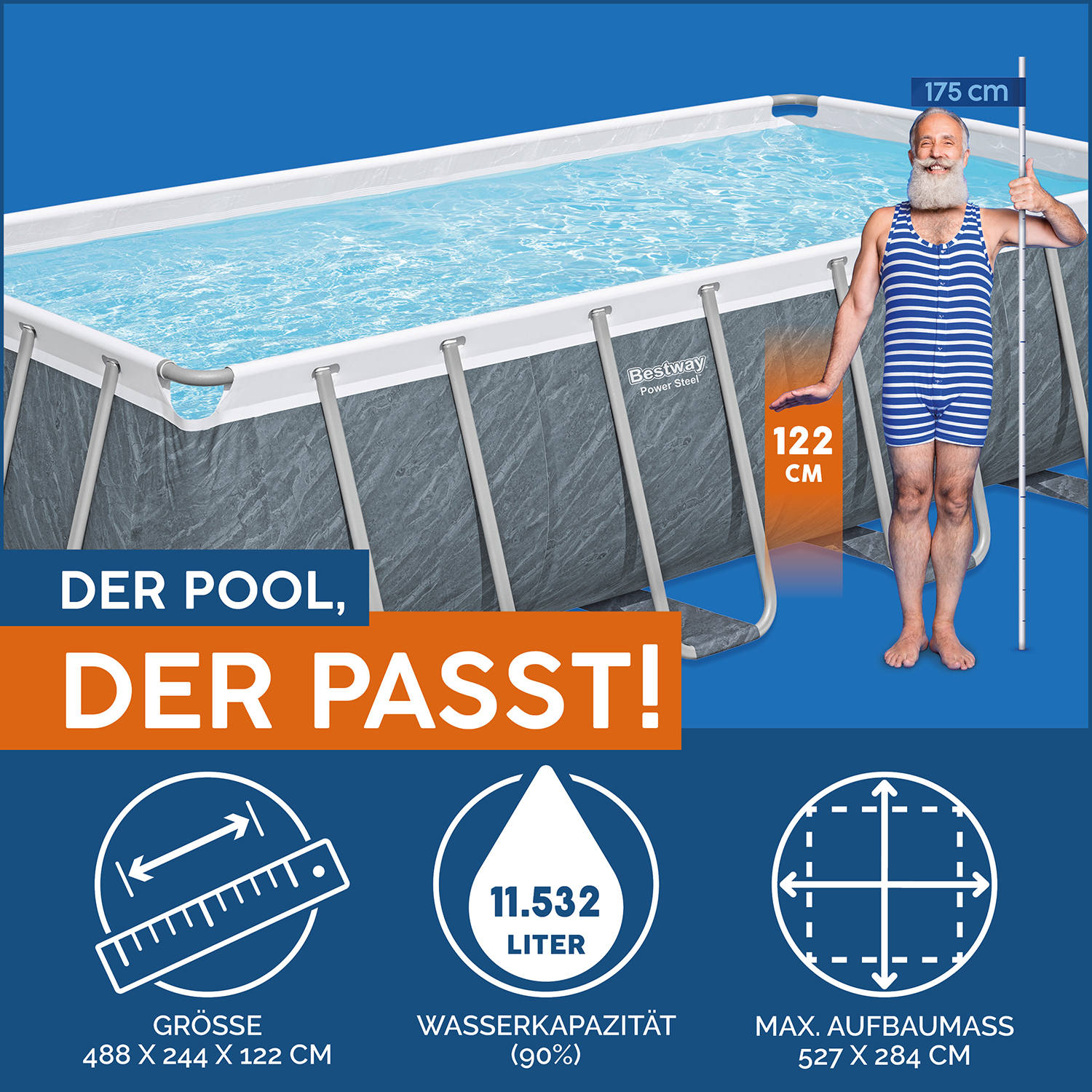 Power Steel™ Solo Pool ohne Zubehör 488 x 244 x 122 cm, Marmor-Optik (Schiefergrau), eckig