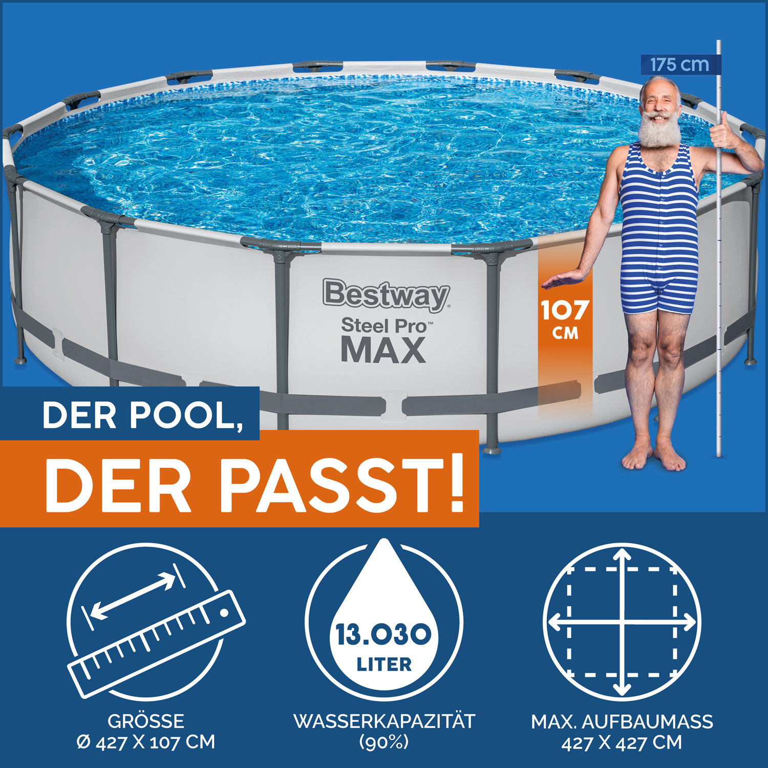 Steel Pro MAX™ Frame Pool Komplett-Set mit Filterpumpe Ø 427 x 107 cm, lichtgrau, rund