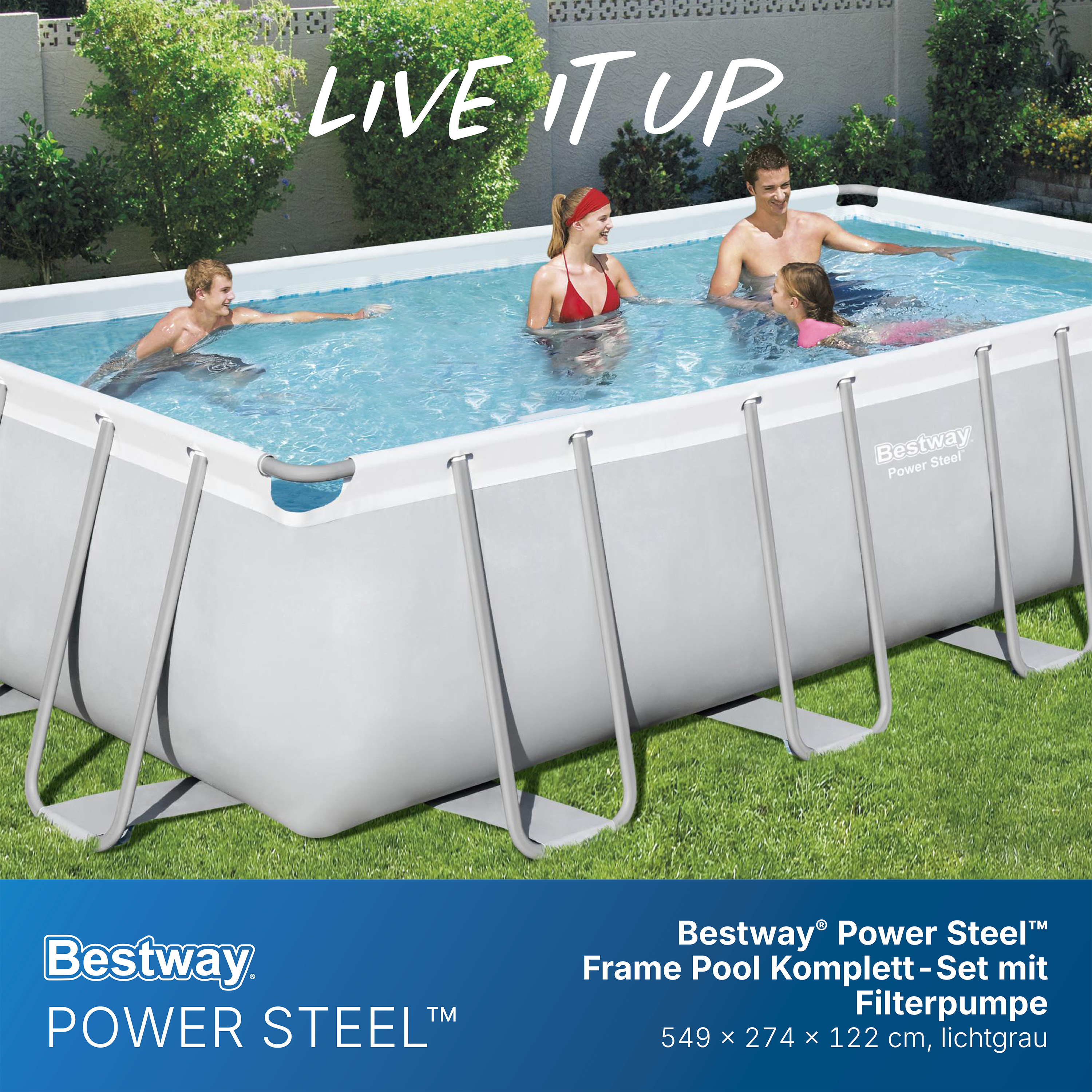 Power Steel™ Frame Pool Komplett Set mit Filterpumpe 549 x 274 x 122 cm , lichtgrau, eckig