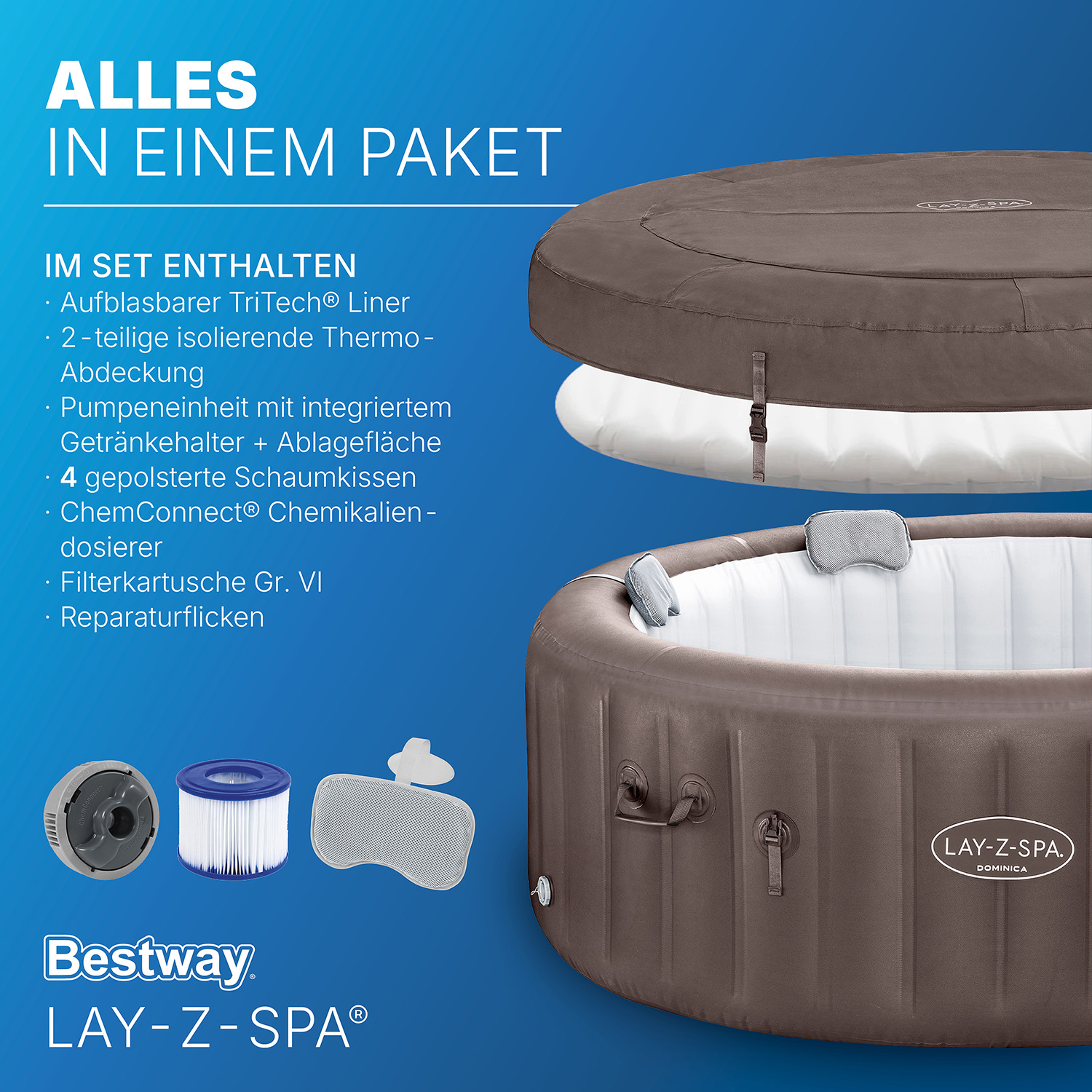 LAY-Z-SPA® WLAN-Whirlpool Dominica HydroJet™ mit App-Steuerung, für 6 Personen Ø 196 x 71 cm, Urbanbraun