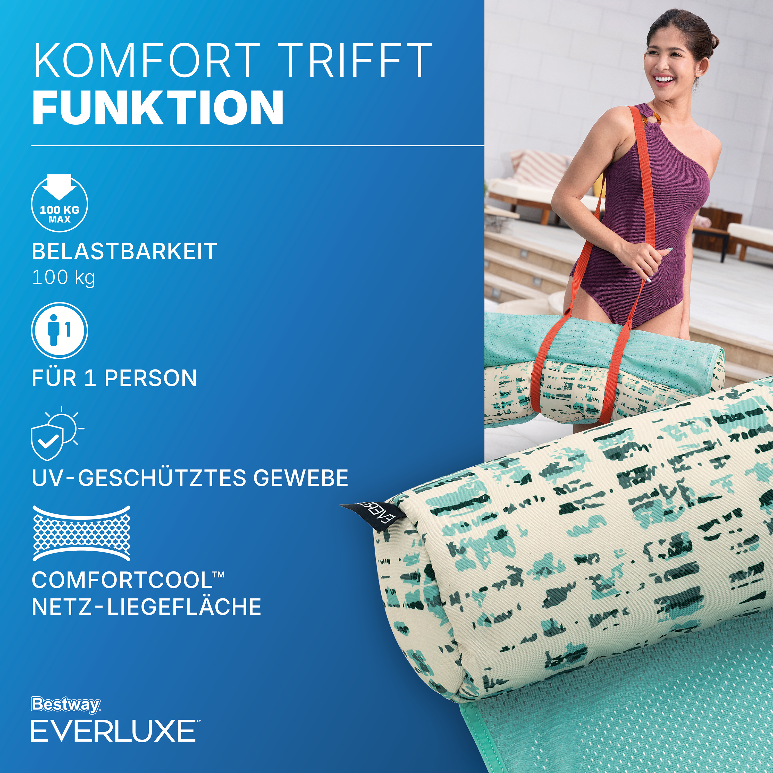 Everluxe™ Pool-Hängematte mit Textiloberfläche und EPS-Perlen-Füllung 122 x 65 x 15 cm