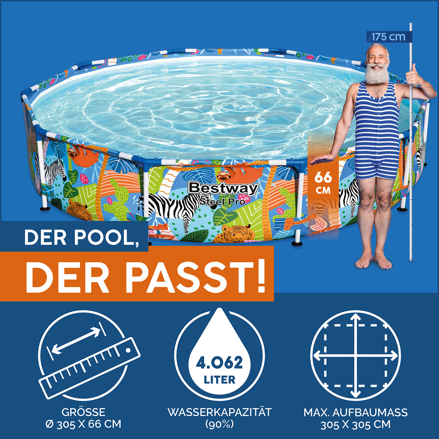 Steel Pro™ Frame Pool ohne Pumpe Ø 305 x 66 cm, buntes Zebra-Design, rund
