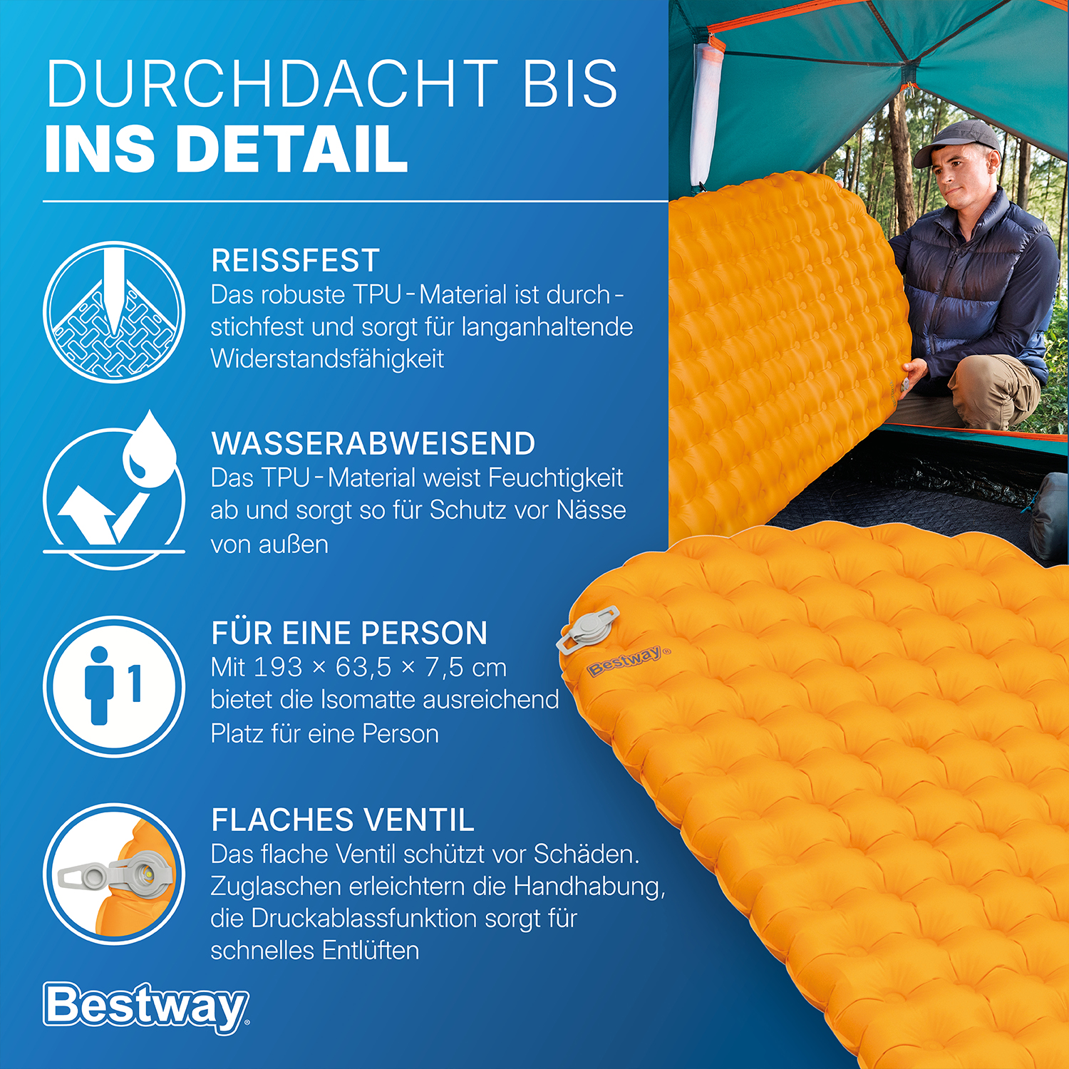 Aufblasbare Single XL TPU Isomatte Ridgelite™ für Mumienschlafsäcke 193 x 63,5 x 7,5 cm