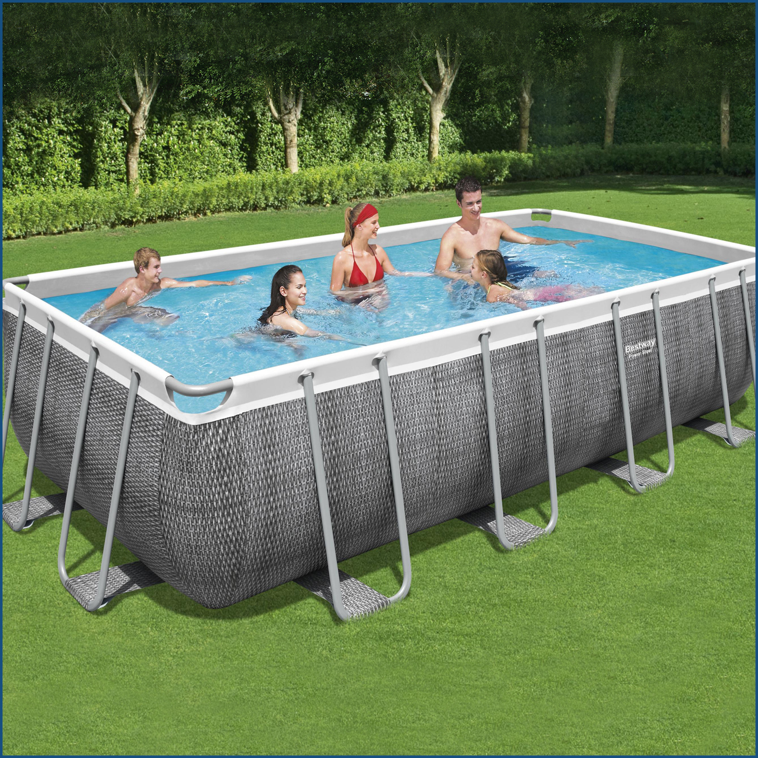 Power Steel™ Frame Pool Komplett-Set mit Filterpumpe 549 x 274 x 122 cm, Rattan-Optik (Schiefergrau), eckig