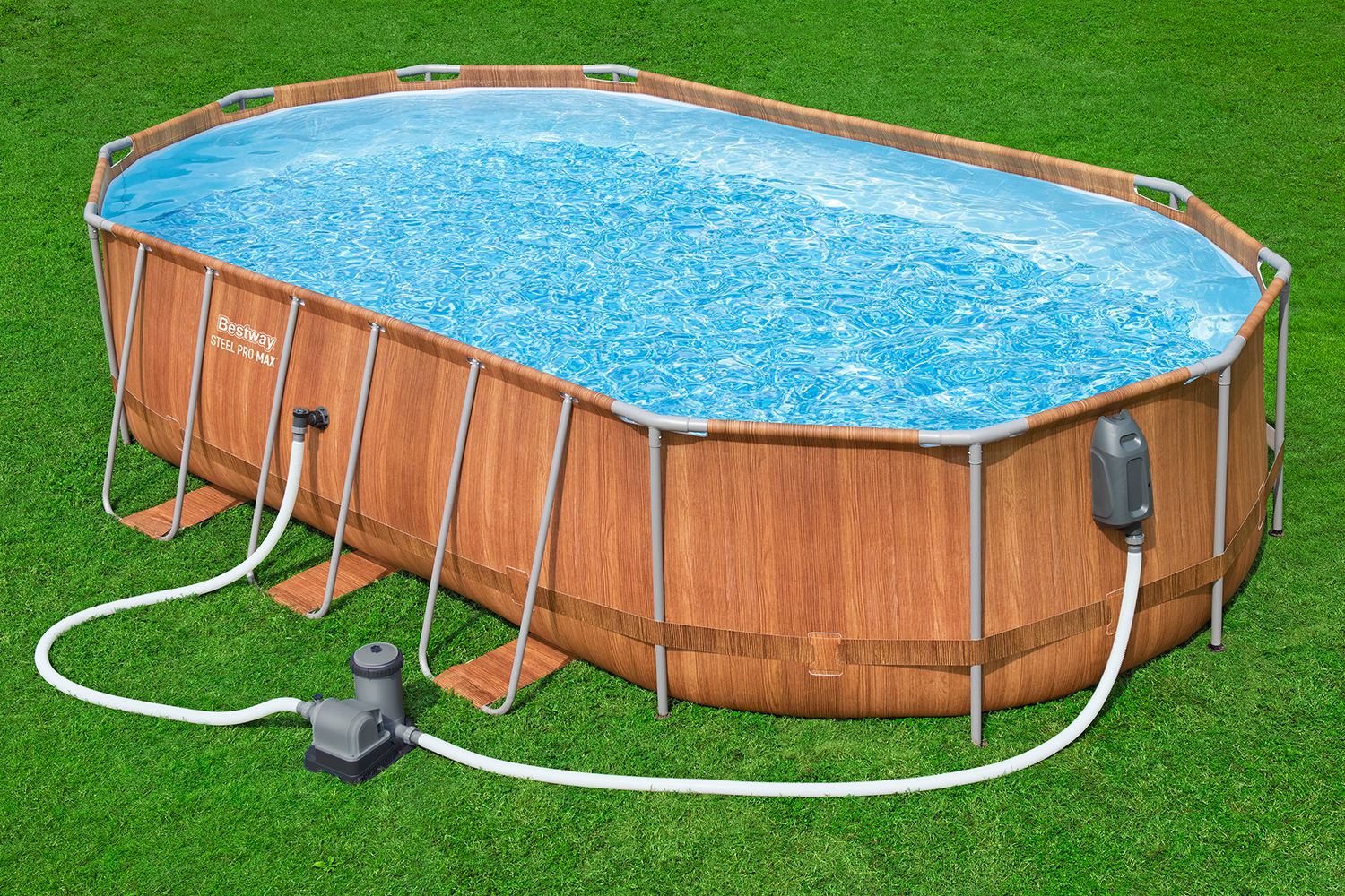 Steel Pro MAX™ Comfort Jet Series™ Frame Pool Set mit Filterpumpe 610 x 366 x 122 cm, Holz-Optik (Pinie), oval