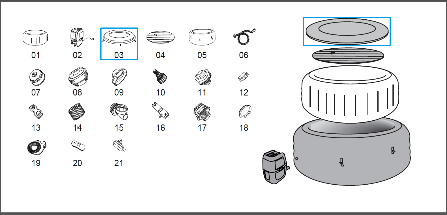 Bestway® Spare Part Leatheroid cover (white) for LAY-Z-SPA® Vegas AirJet™ whirlpool Ø 196 cm (2023) Bestway® Spare Part Leatheroid cover (white) for LAY-Z-SPA® Paris AirJet™ whirlpool Ø 196 cm (2023)