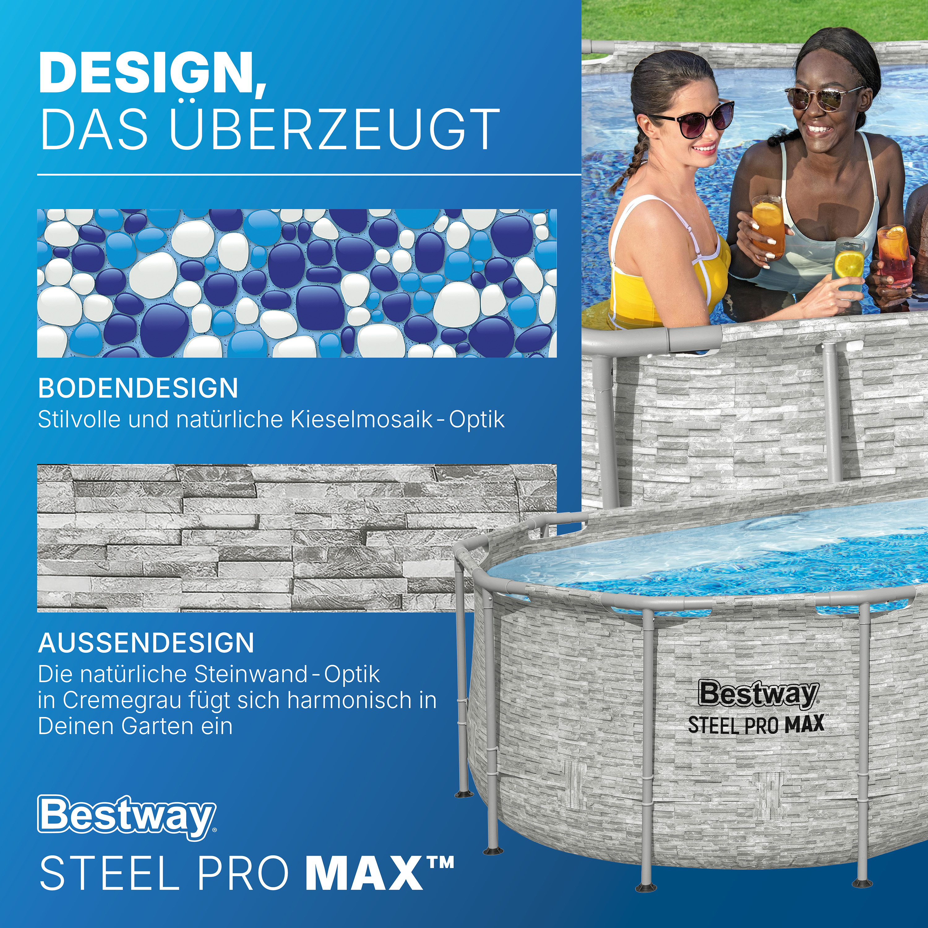 Steel Pro MAX™ Splashview™ Frame Pool Komplett Set mit Filterpumpe 427 x 250 x 100 cm, Steinwand-Optik (Cremegrau), oval