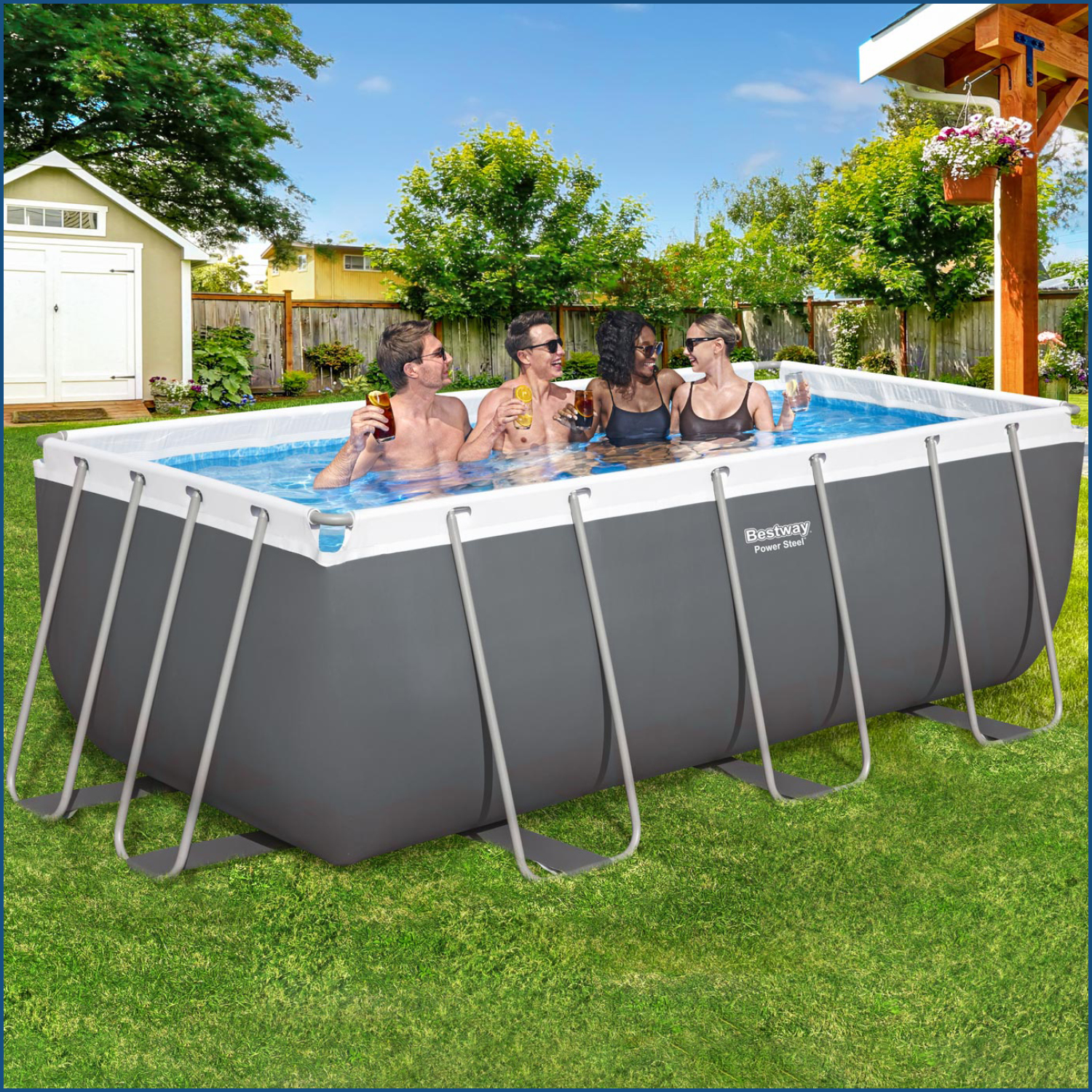 Power Steel™ Frame Pool Set mit Filterpumpe 412 x 201 x 122 cm, grau, eckig