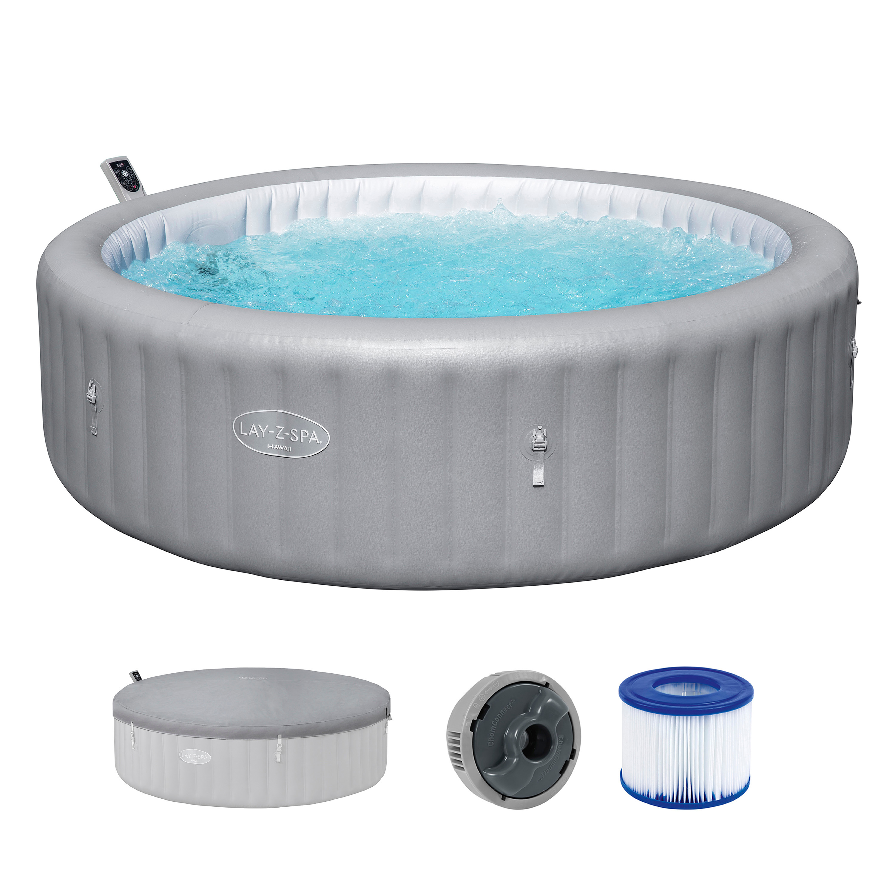 LAY-Z-SPA® Energiespar Whirlpool Hawaii AirJet™ mit App Steuerung, für 8 Personen Ø 236 x 71 cm, Silbergrau