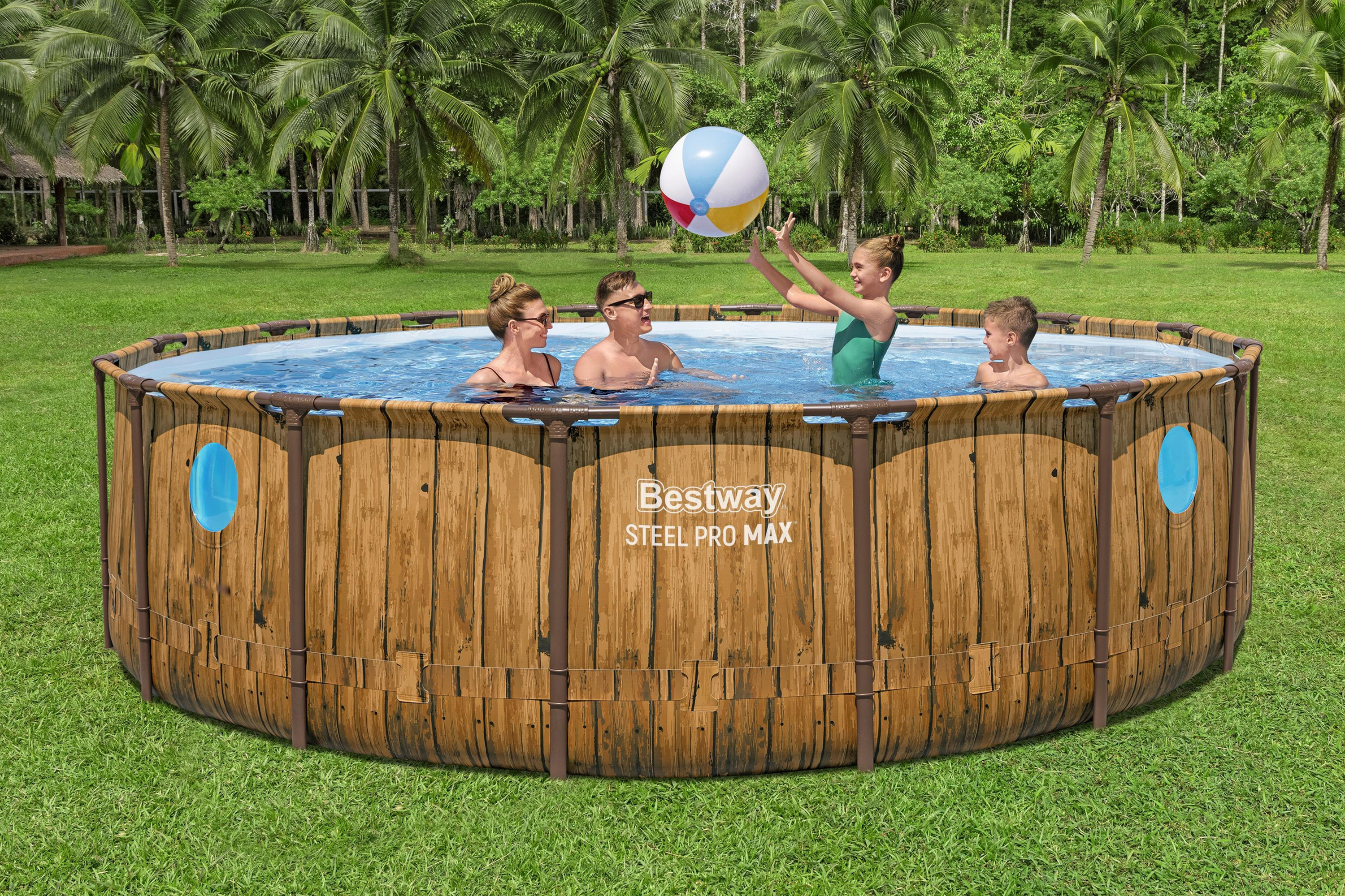 Steel Pro MAX™ Splashview™ Frame Pool Komplett Set mit Filterpumpe Ø 488 x 122 cm, Holz-Optik (Pinie), rund