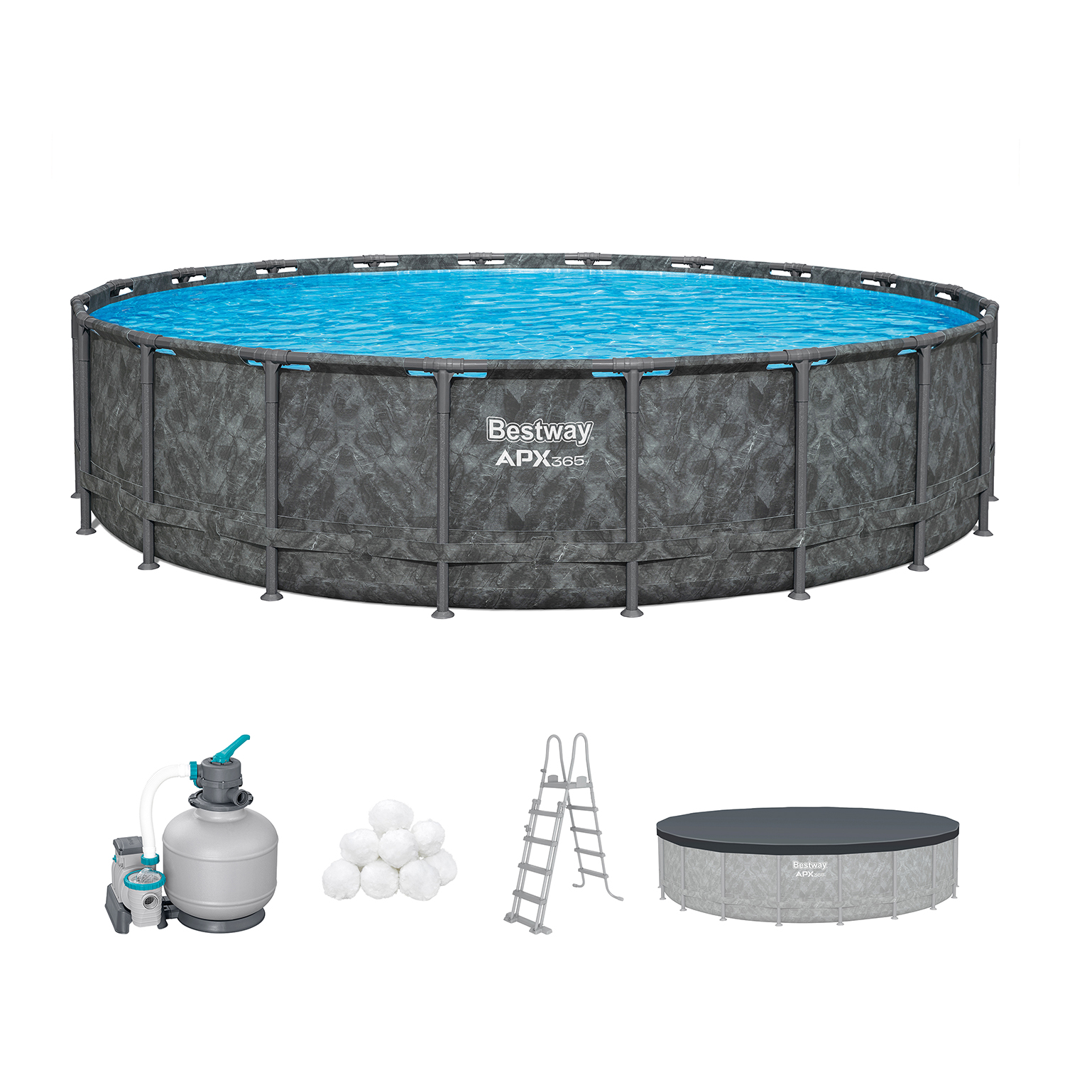APX365™ Winterfestes Frame Pool Komplett Set mit Sandfilteranlage Ø 610 x 132 cm, Marmor-Optik (Dunkel), rund APX365™ Winterfestes Frame Pool Komplett Set mit Sandfilteranlage Ø 610 x 132 cm, Marmor-Optik (Dunkel), rund