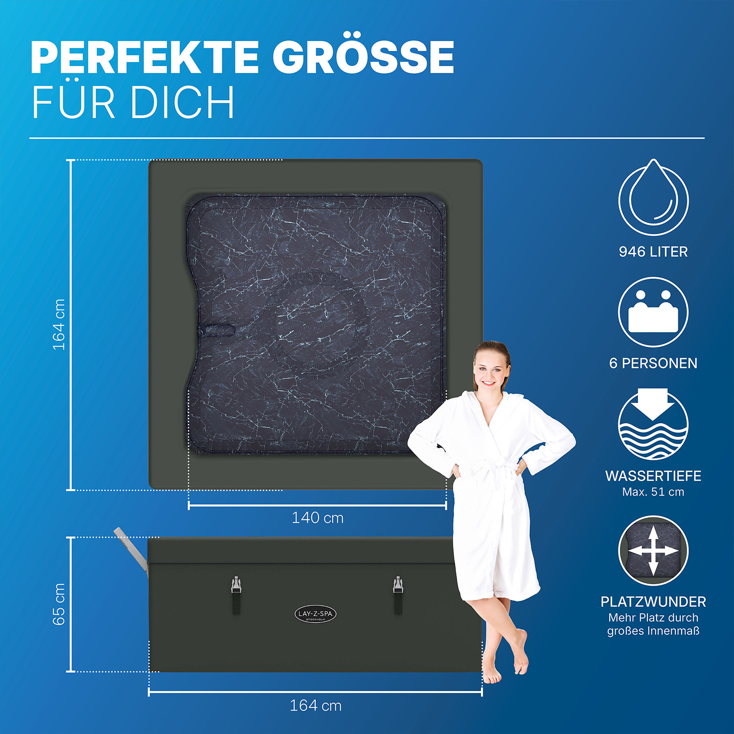 LAY-Z-SPA® ThermaCore™ Energiespar Whirlpool Stockholm AirJet™ mit App Steuerung, für 6 Personen, 164 x 164 x 65 cm, eckig