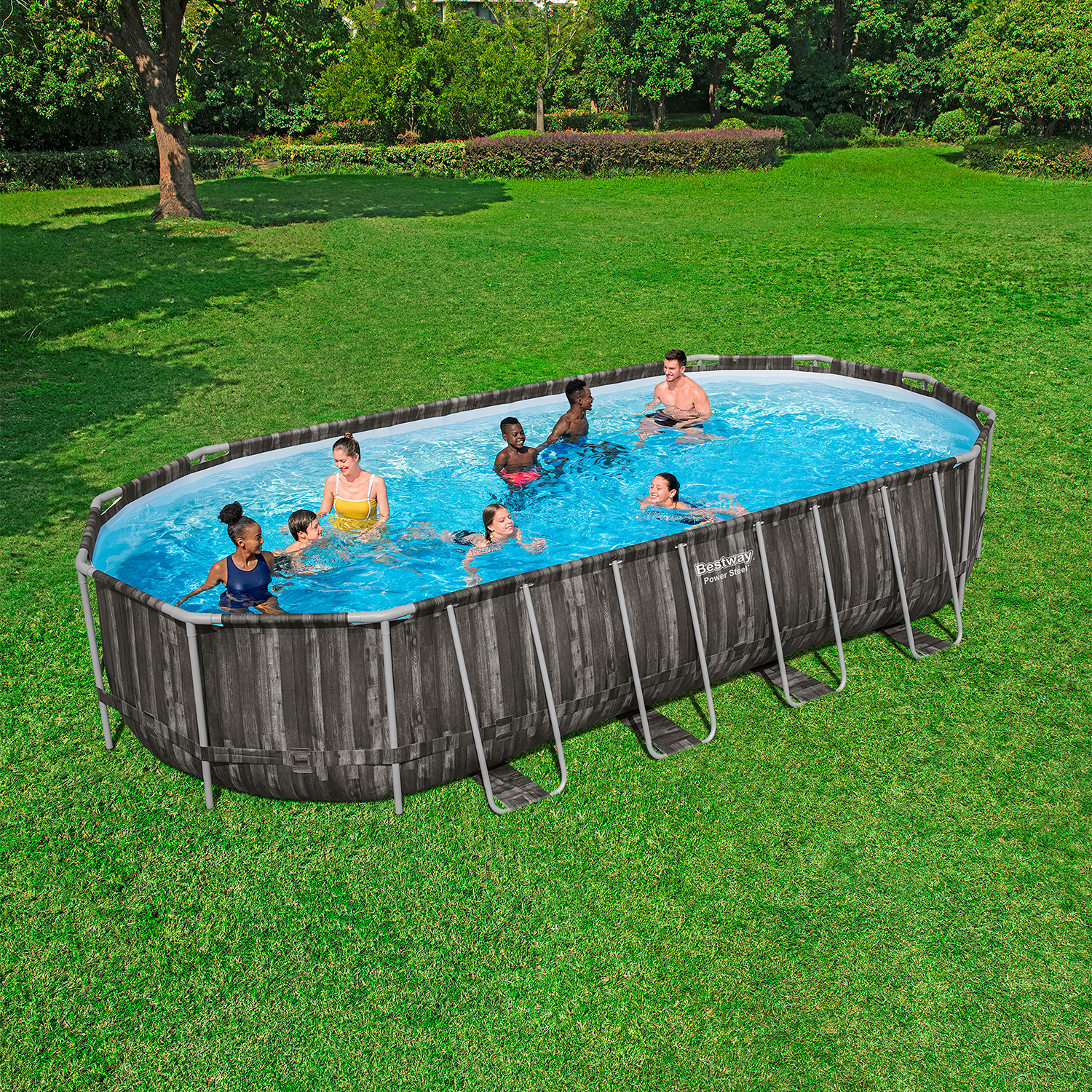 Power Steel™ Frame Pool Komplett-Set mit Filterpumpe 732 x 366 x 132 cm, Holz-Optik (Mooreiche), oval