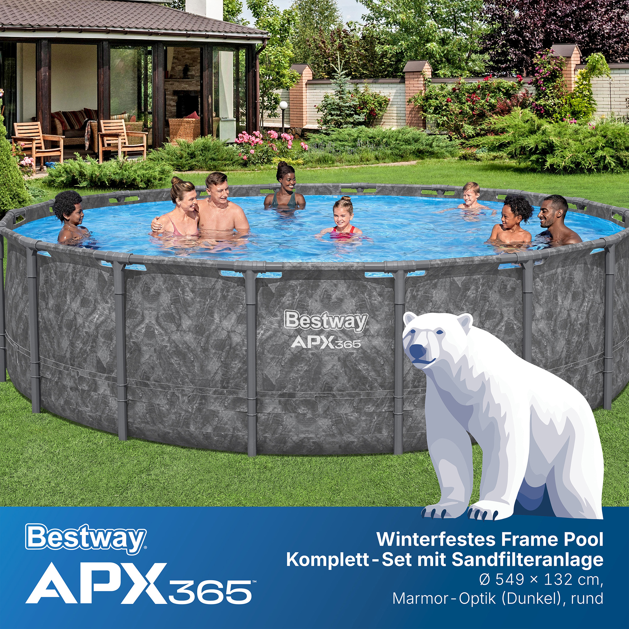 APX365™ Winterfestes Frame Pool Komplett Set mit Sandfilteranlage Ø 549 x 132 cm, Marmor-Optik (Dunkel), rund