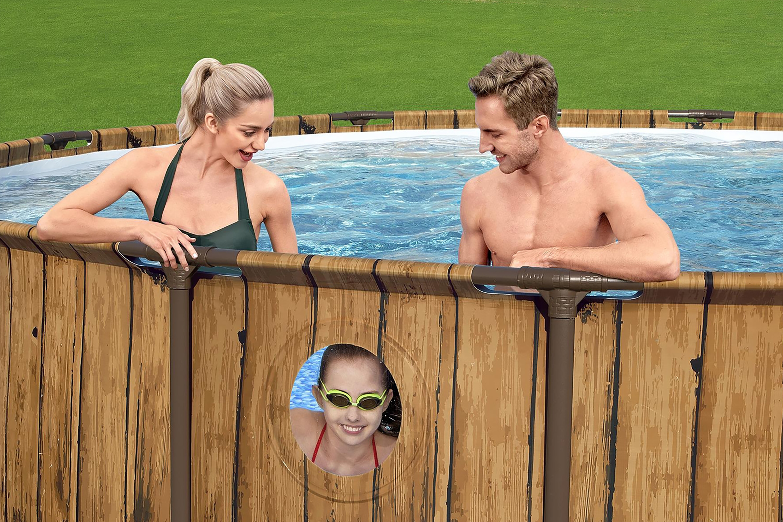 Power Steel™ Swim Vista Series™ Frame Pool Komplett Set mit Filterpumpe Ø 549 x 122 cm, Holz-Optik (Pinie), rund