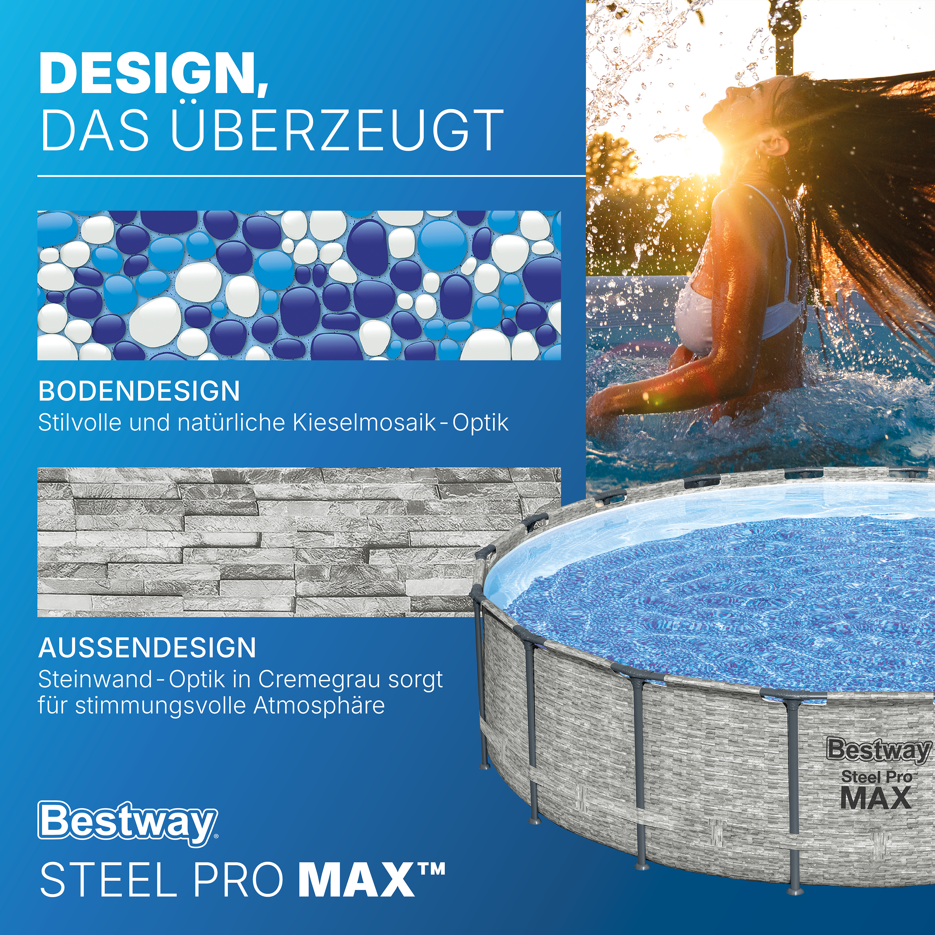 Steel Pro MAX™ Solo Pool ohne Zubehör Ø 549 x 122 cm, Steinwand-Optik (Cremegrau), rund