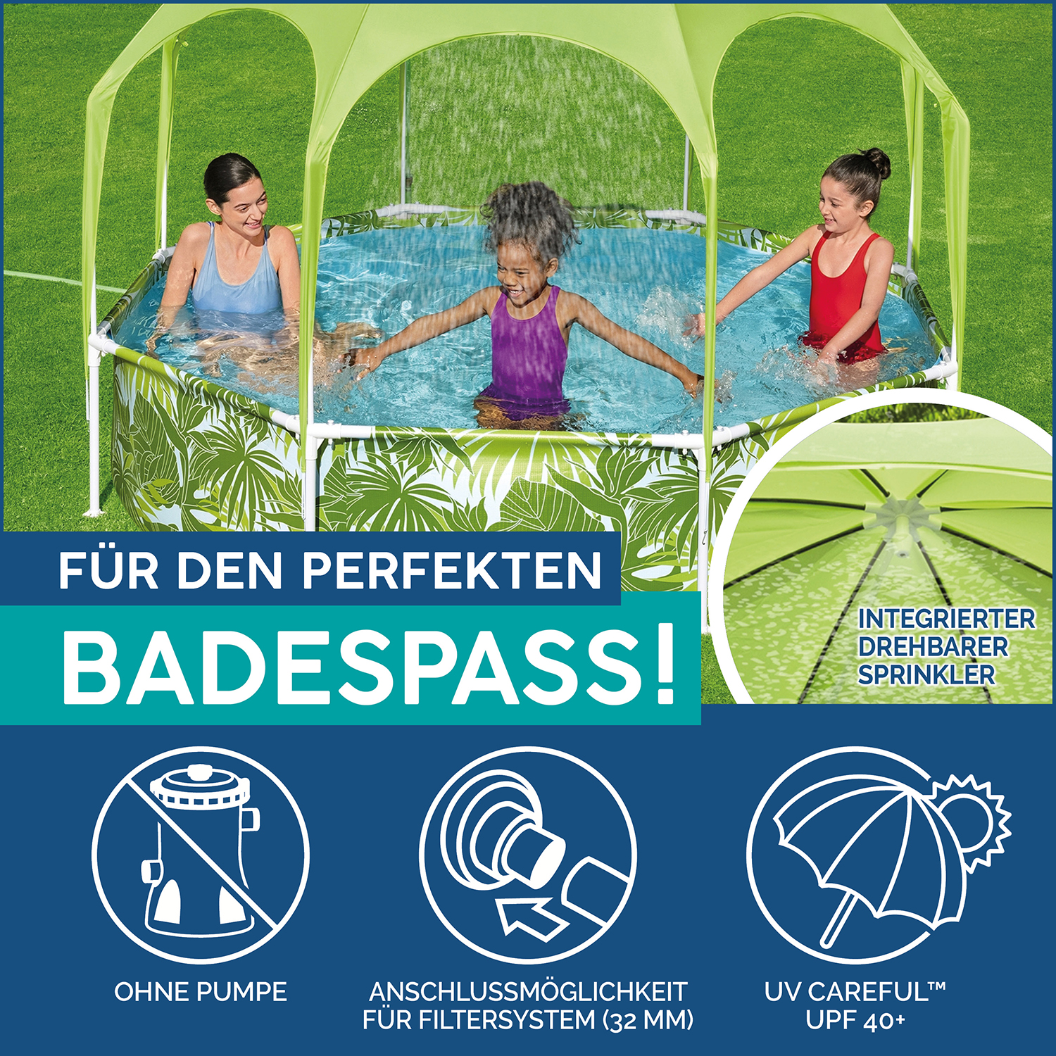 Steel Pro™ Frame Pool mit Sonnenschutzdach "Splash-in-Shade" ohne Pumpe Ø 244 x 51 cm, grünes Blätter-Design, rund 