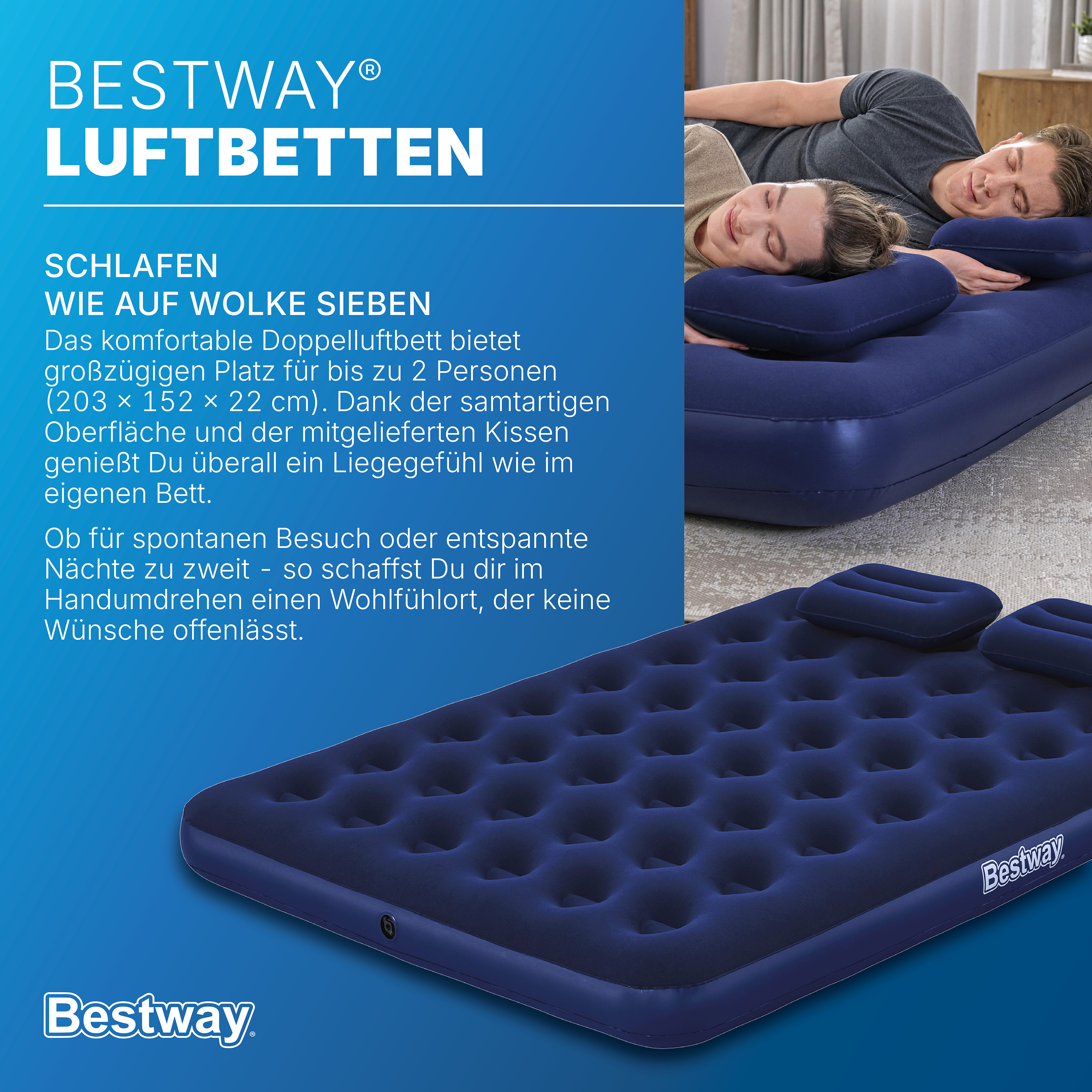 Luftbett für 2 Personen mit Handpumpe & 2 Kopfkissen 203 x 152 x 22 cm