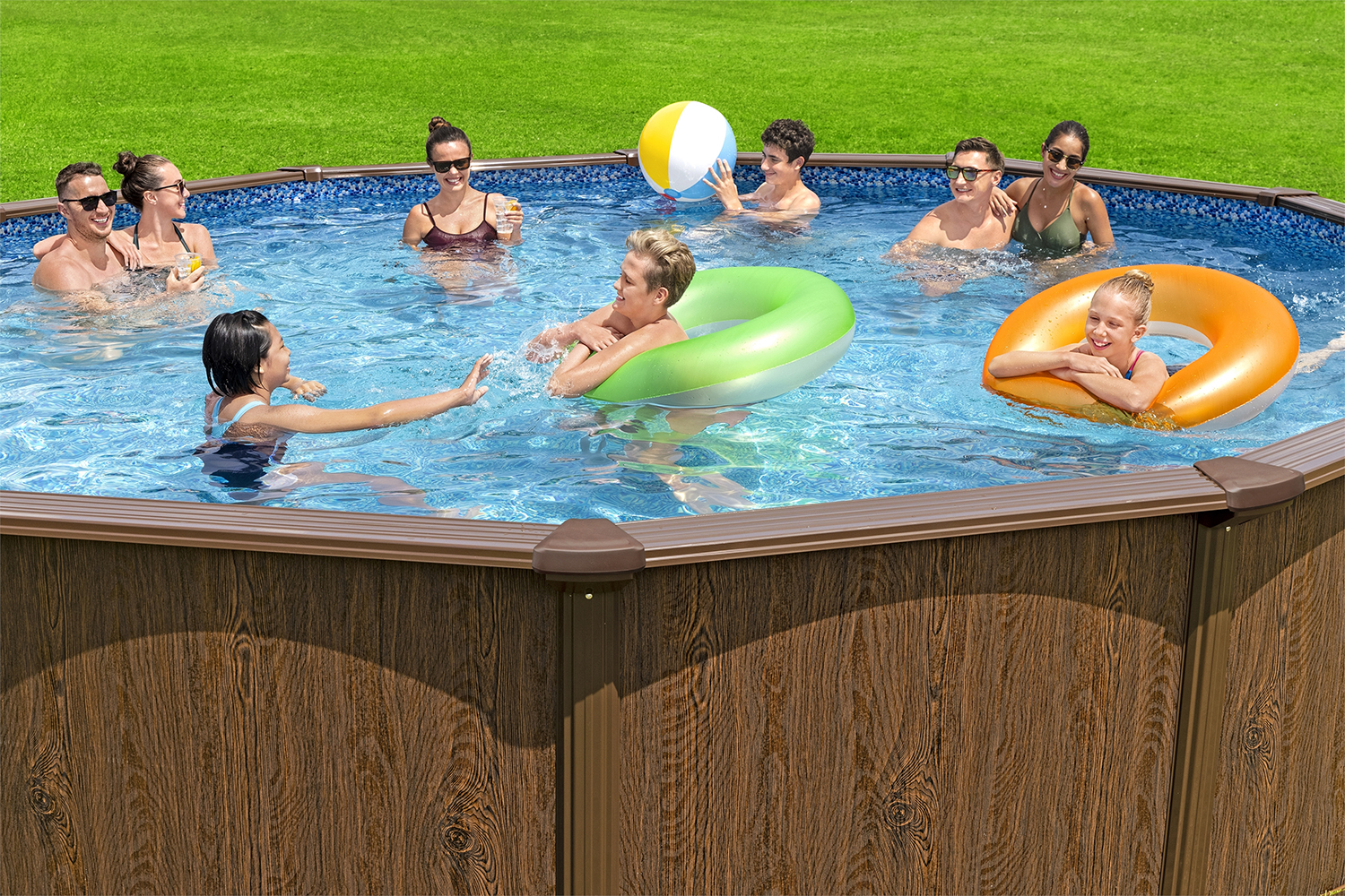 Hydrium™ Stahlwandpool Komplett-Set mit Sandfilteranlage  Ø 488 x 132 cm, Holz-Optik (Palisander), rund