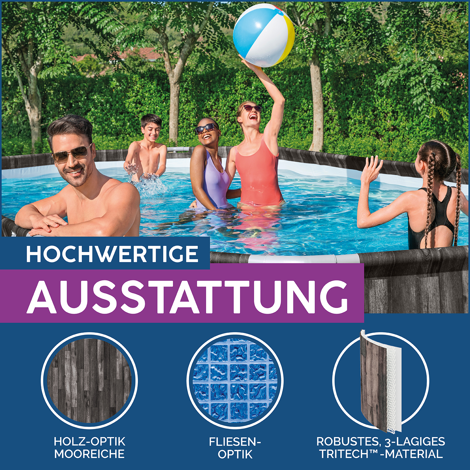 Power Steel™ Frame Pool Komplett-Set mit Filterpumpe 732 x 366 x 122 cm , Holz-Optik (Mooreiche), oval