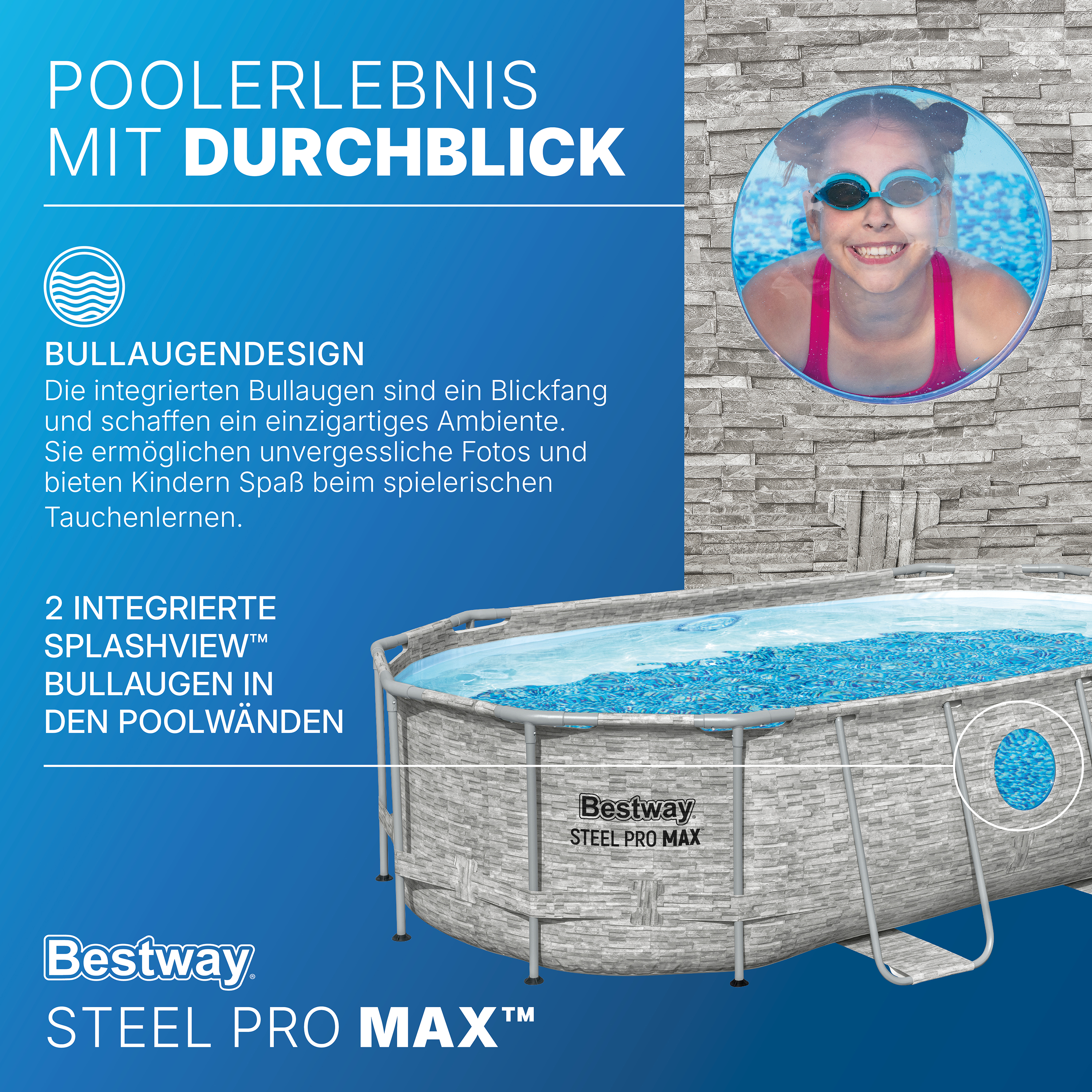 Steel Pro MAX™ Splashview™ Solo Pool ohne Zubehör 427 x 250 x 100 cm, Steinwand-Optik (Cremegrau), oval