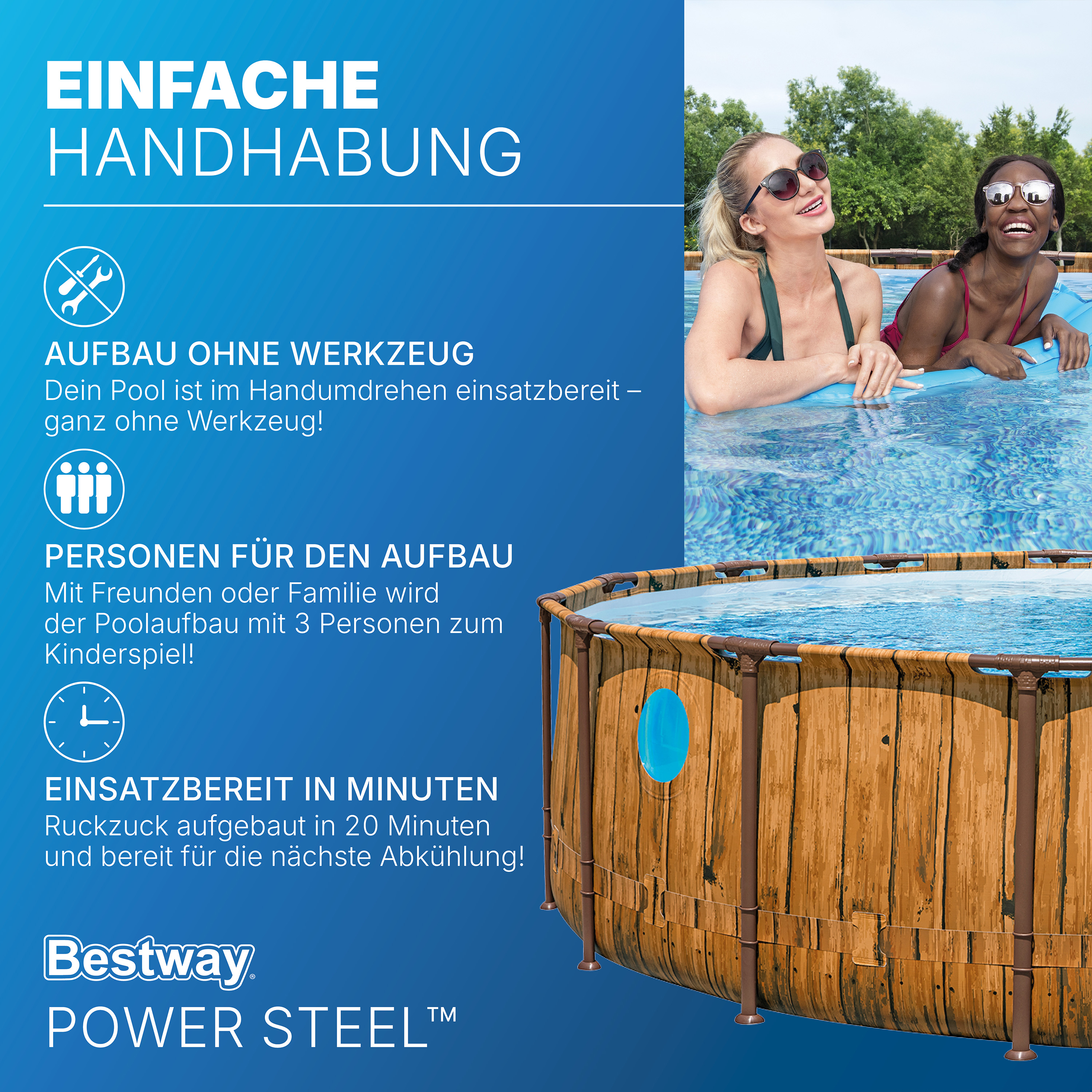 Power Steel™ Swim Vista Series™ Frame Pool Komplett Set mit Filterpumpe Ø 488 x 122 cm, Holz-Optik (Pinie), rund