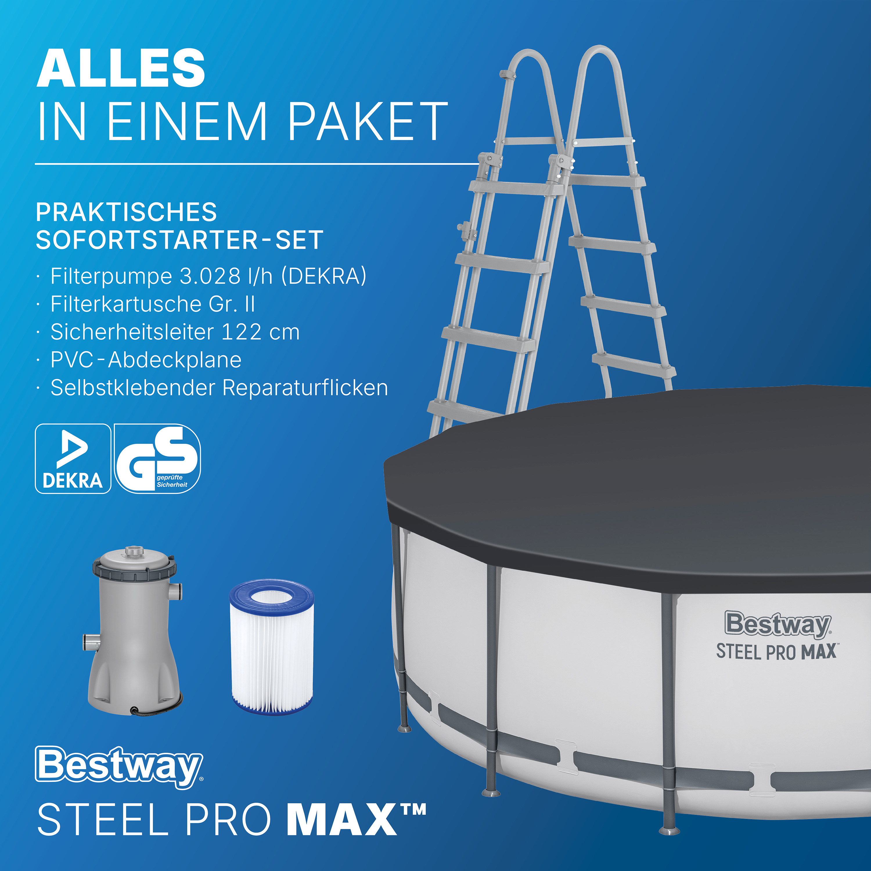 Steel Pro MAX™ Frame Pool Komplett Set mit Filterpumpe Ø 457 x 122 cm, lichtgrau, rund