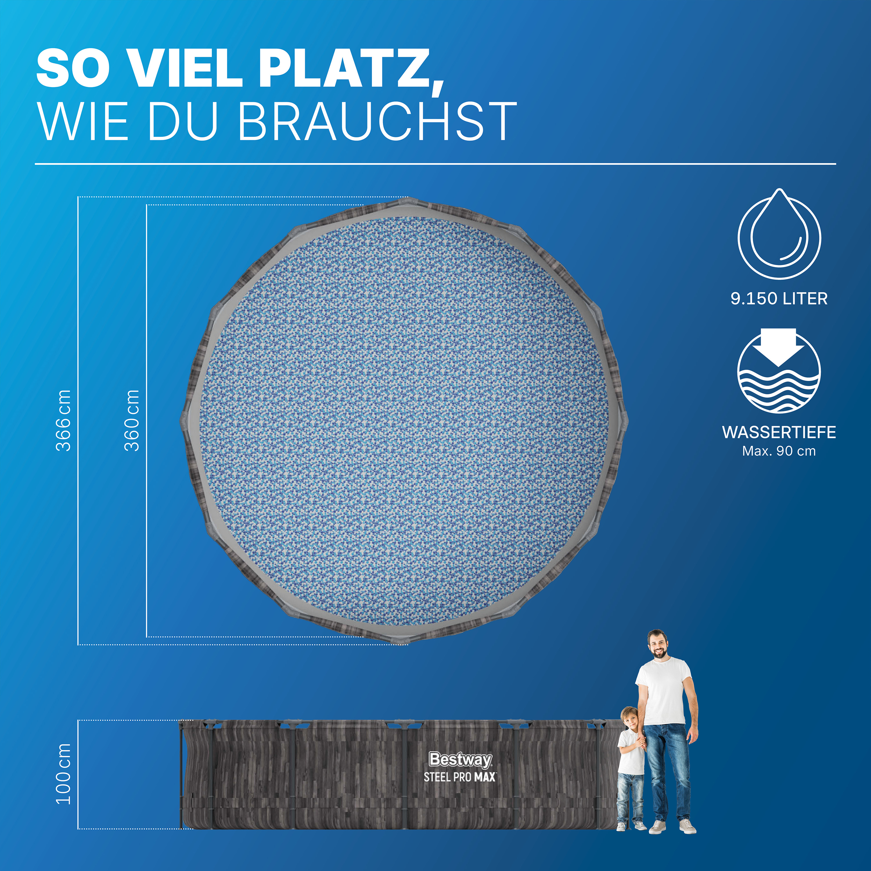 Steel Pro MAX™ Frame Pool-Set mit Filterpumpe Ø 366 x 100 cm, Holz-Optik (Mooreiche), rund