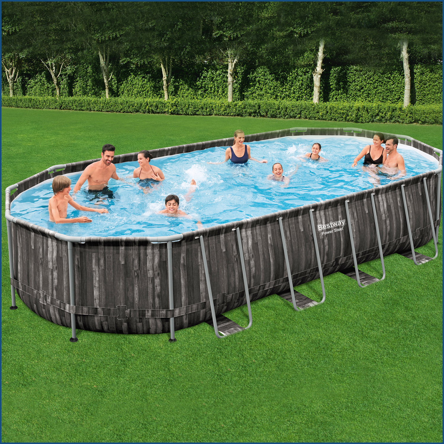 Power Steel™ Frame Pool Komplett-Set mit Filterpumpe 732 x 366 x 122 cm , Holz-Optik (Mooreiche), oval