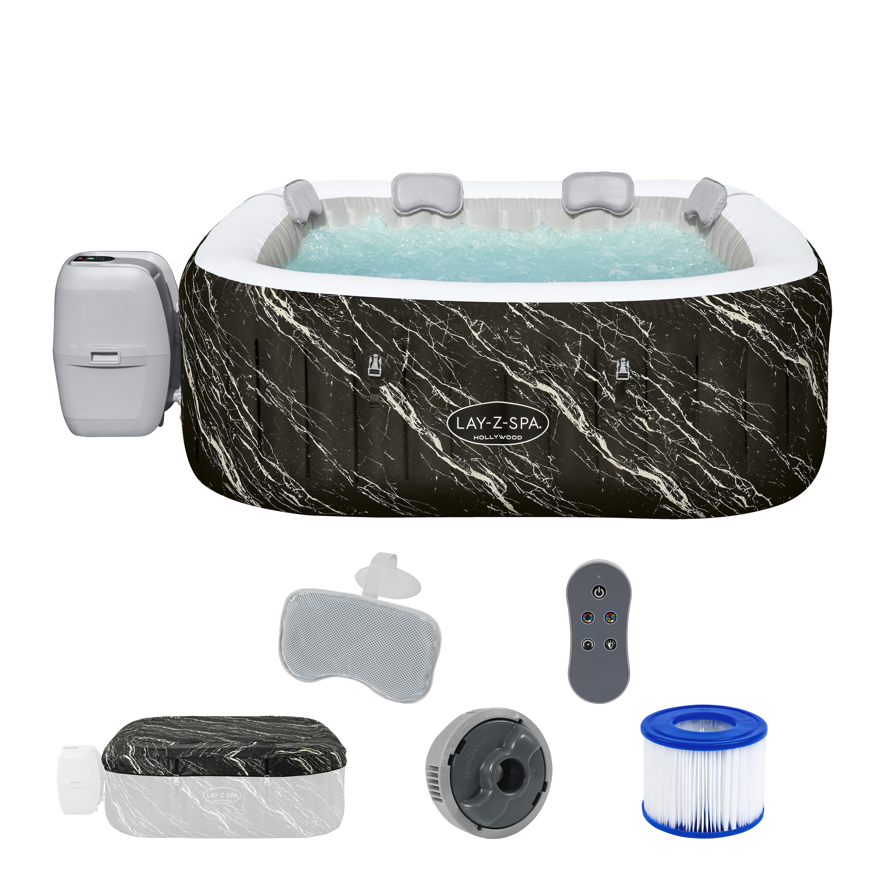LAY-Z-SPA® LED Whirlpool Hollywood AirJet™ für 6 Personen 180 x 180 x 66 cm, Marmor-Optik (Marquinia)