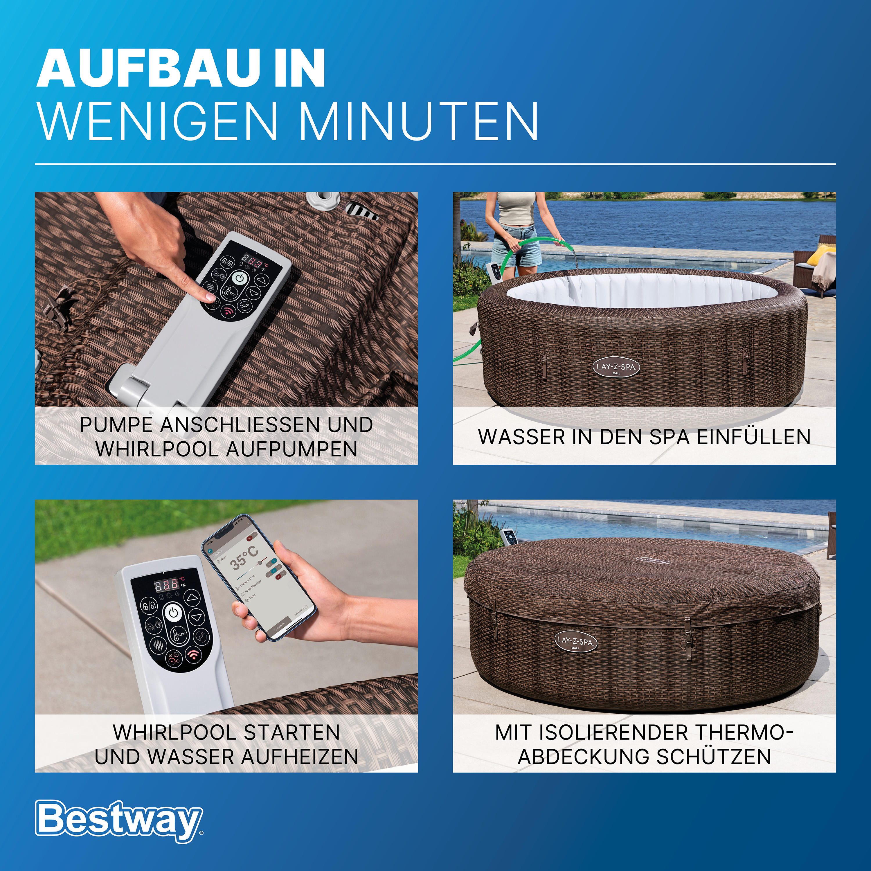LAY-Z-SPA® Energiespar Whirlpool Bali AirJet™ mit App-Steuerung, für 7 Personen, Ø 216 x 71 cm, Rattan-Optik (Schokobraun)