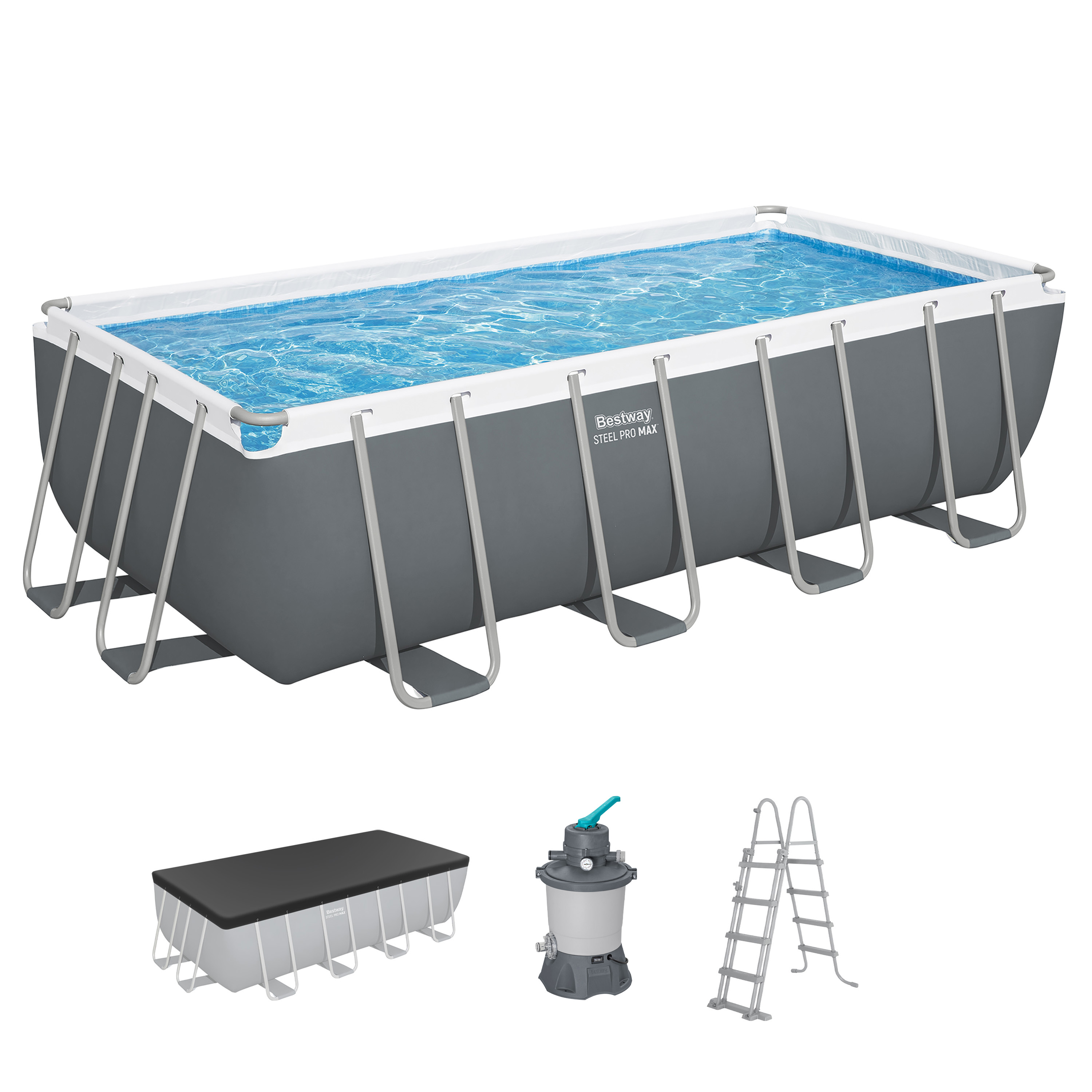 Steel Pro MAX™ Frame Pool Komplett Set mit Sandfilteranlage 488 x 244 x 122 cm, grau, eckig