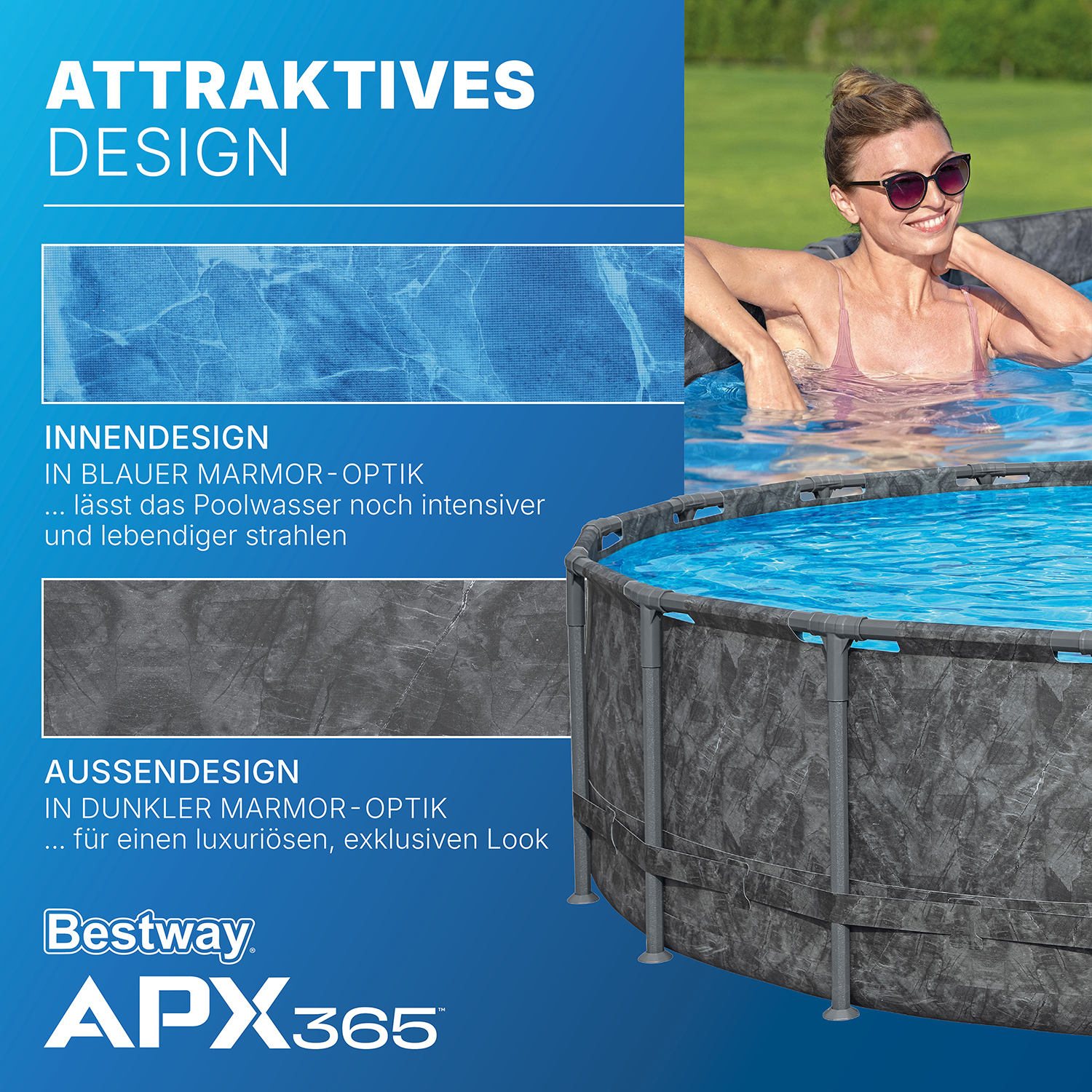 APX365™ Winterfestes Frame Pool Komplett-Set mit Sandfilteranlage Ø 549 x 132 cm, Marmor-Optik (Dunkel), rund