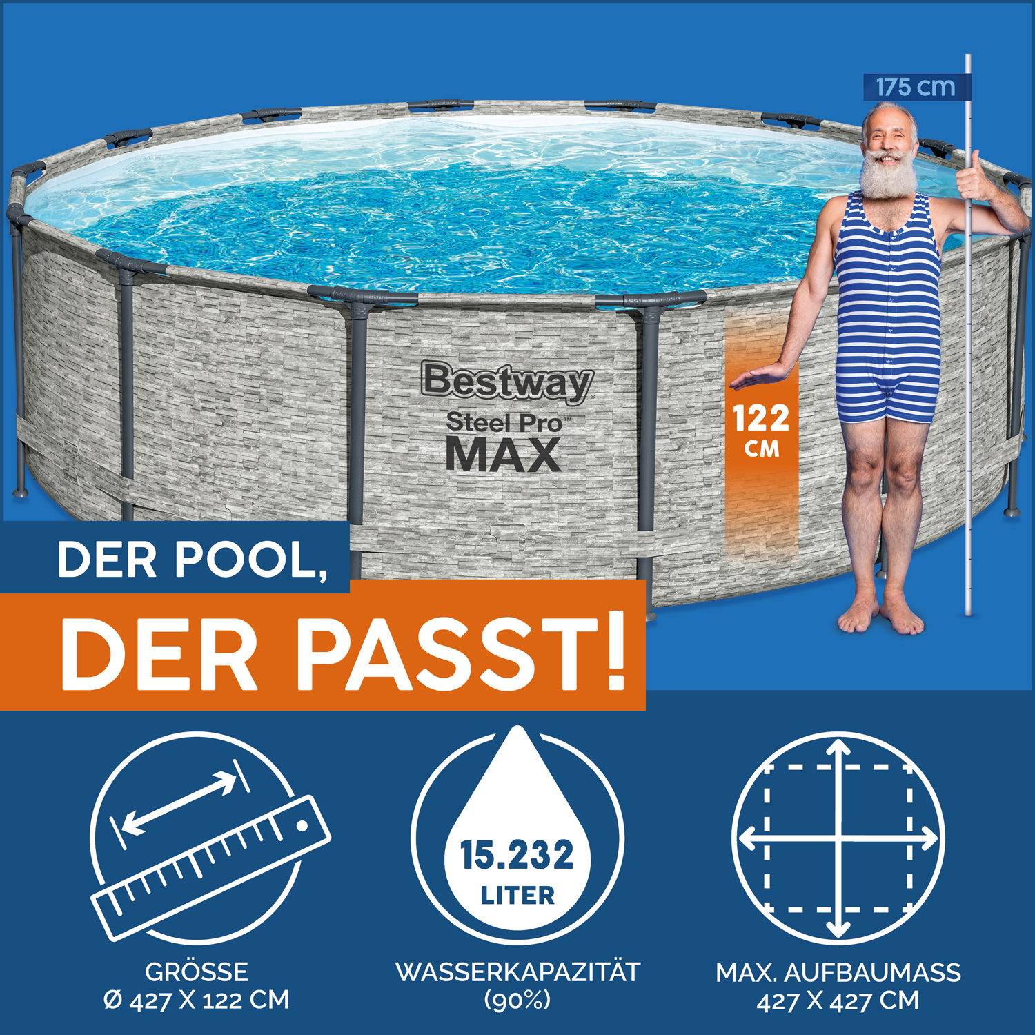 Steel Pro MAX™ Frame Pool Komplett-Set mit Filterpumpe Ø 427 x 122 cm, Steinwand-Optik (Cremegrau), rund