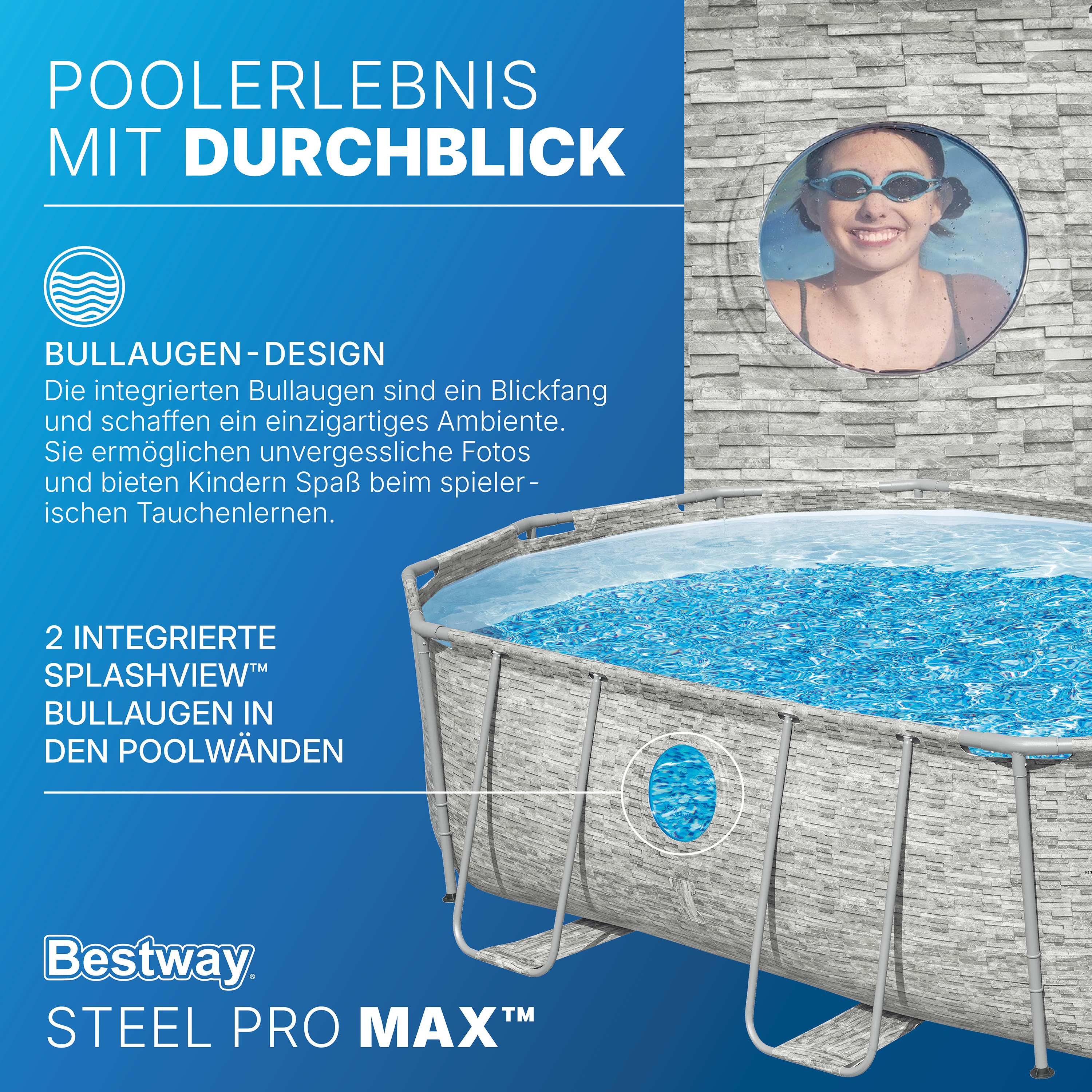 Steel Pro MAX™ Splashview™ Frame Pool Komplett Set mit Sandfilteranlage 488 x 305 x 107 cm , Steinwand-Optik (Cremegrau), oval