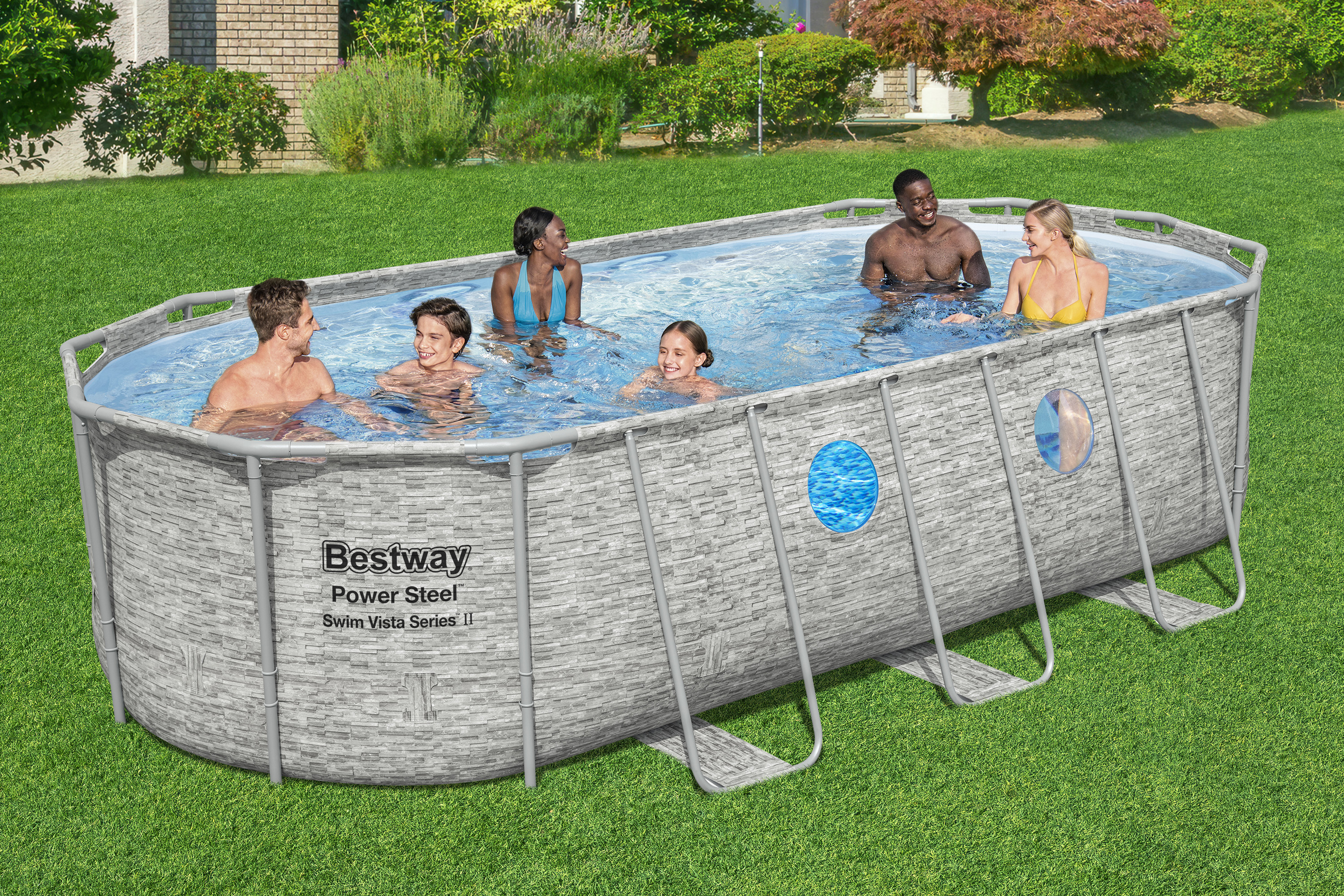 Power Steel™ Swim Vista Series™ Solo Pool ohne Zubehör 549 x 274 x 122 cm, Steinwand-Optik (Cremegrau), oval