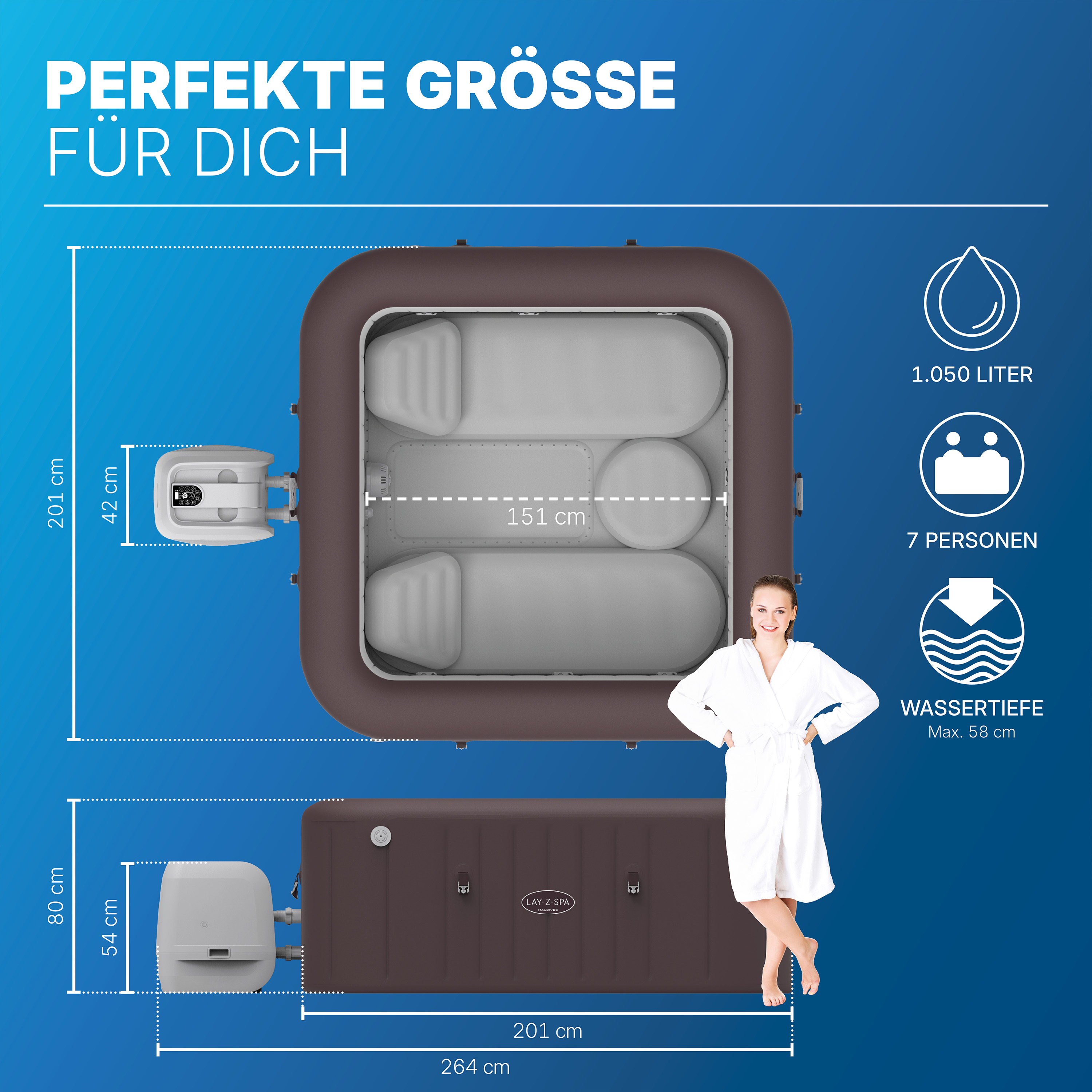 LAY-Z-SPA® WLAN-Whirlpool Maldives HydroJet Pro™ mit App-Steuerung, für 7 Personen 201 x 201 x 80 cm, Mahagoni