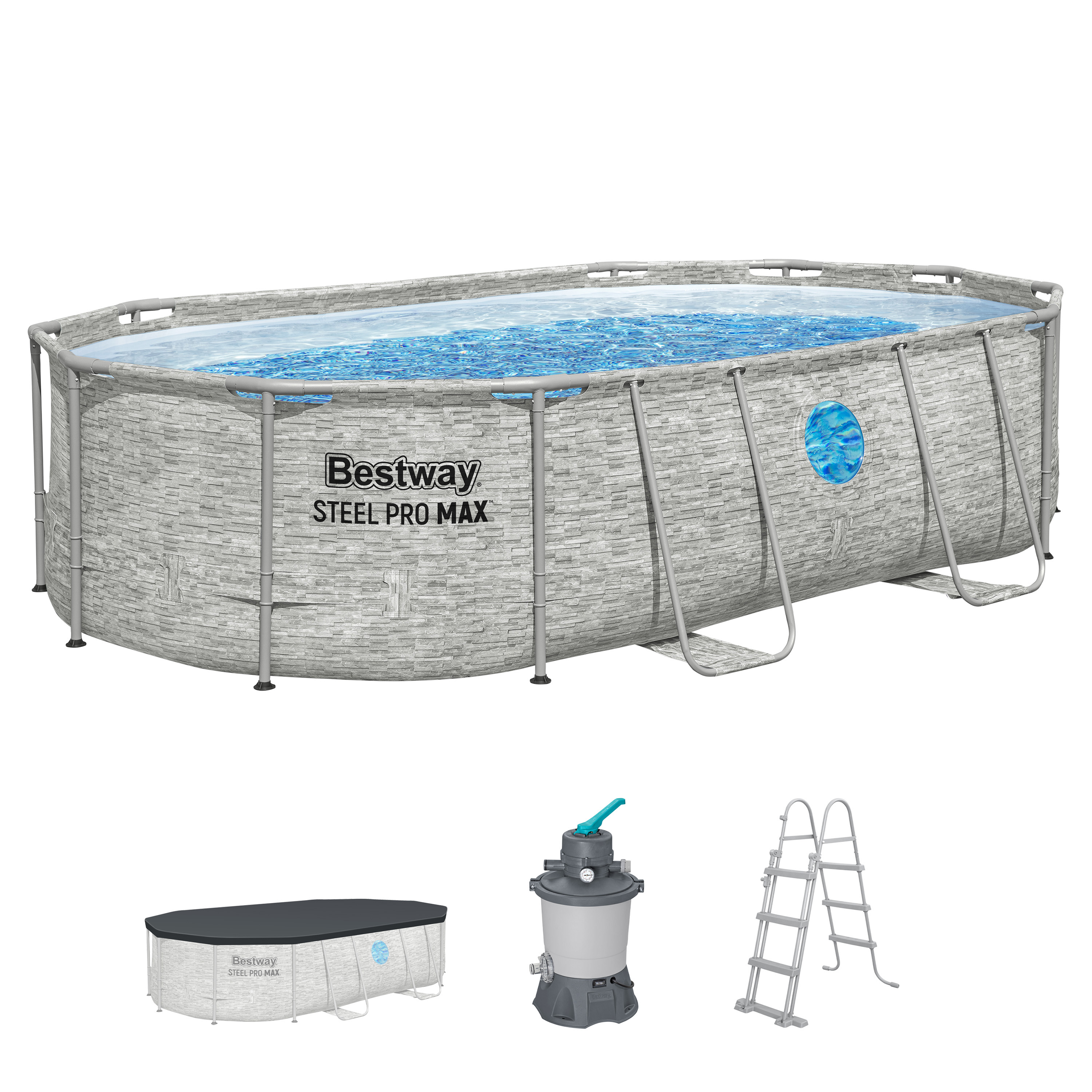 Steel Pro MAX™ Splashview™ Frame Pool Komplett Set mit Sandfilteranlage 488 x 305 x 107 cm , Steinwand-Optik (Cremegrau), oval