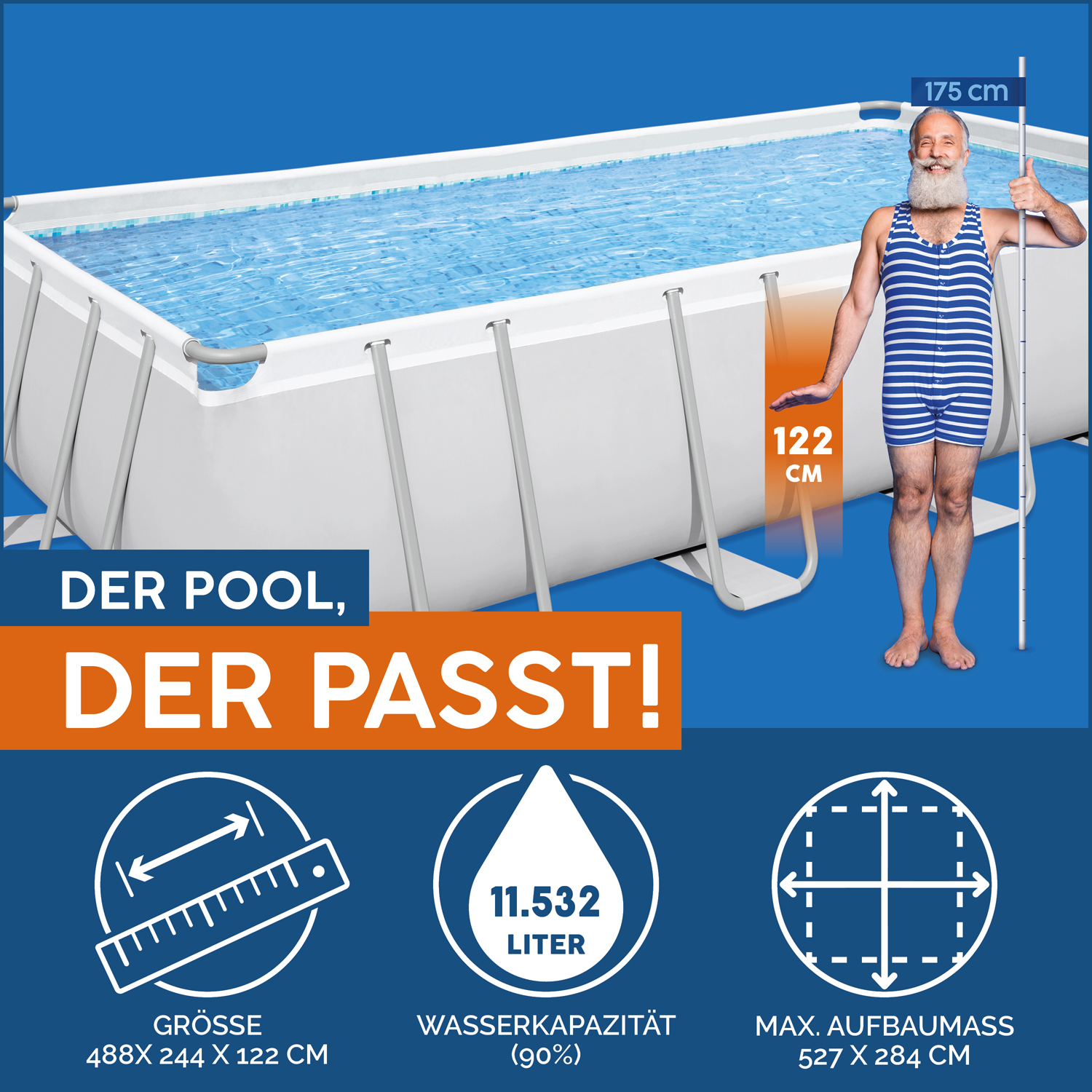 Power Steel™ Frame Pool Komplett Set mit Filterpumpe 488 x 244 x 122 cm, lichtgrau, eckig