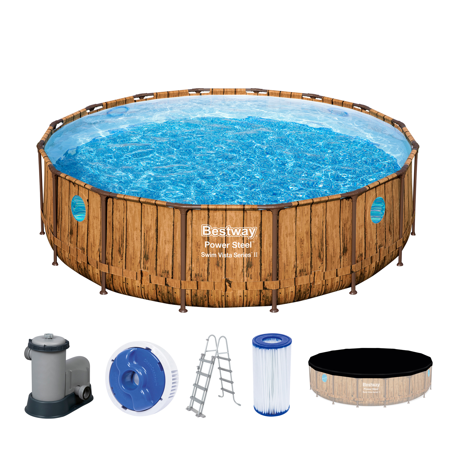 Power Steel™ Swim Vista Series™ Frame Pool Komplett-Set mit Filterpumpe Ø 488 x 122 cm, Holz-Optik (Pinie), rund