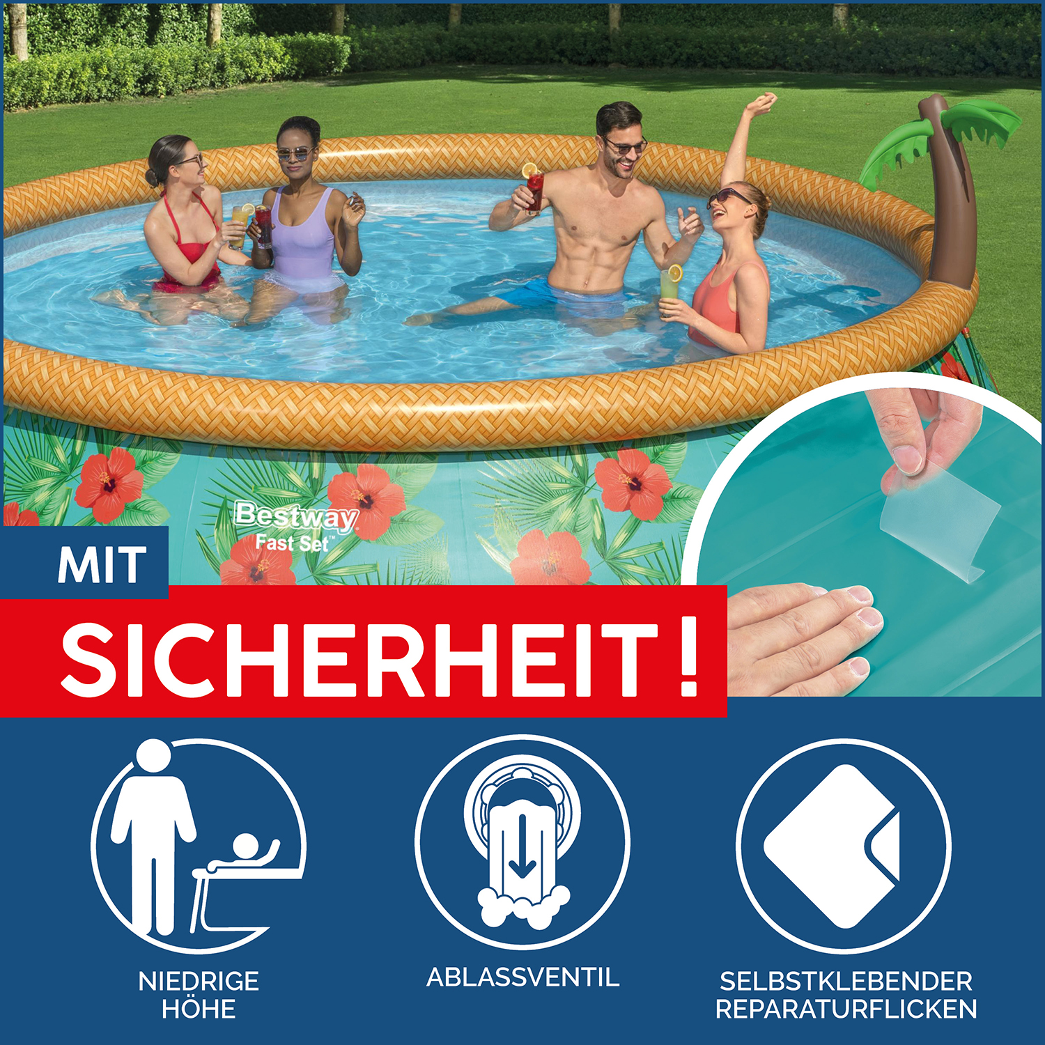 Fast Set™ Aufstellpool-Set mit Wassersprinkler und Filterpumpe Ø 457 x 84 cm, Buntes Hawaii, rund