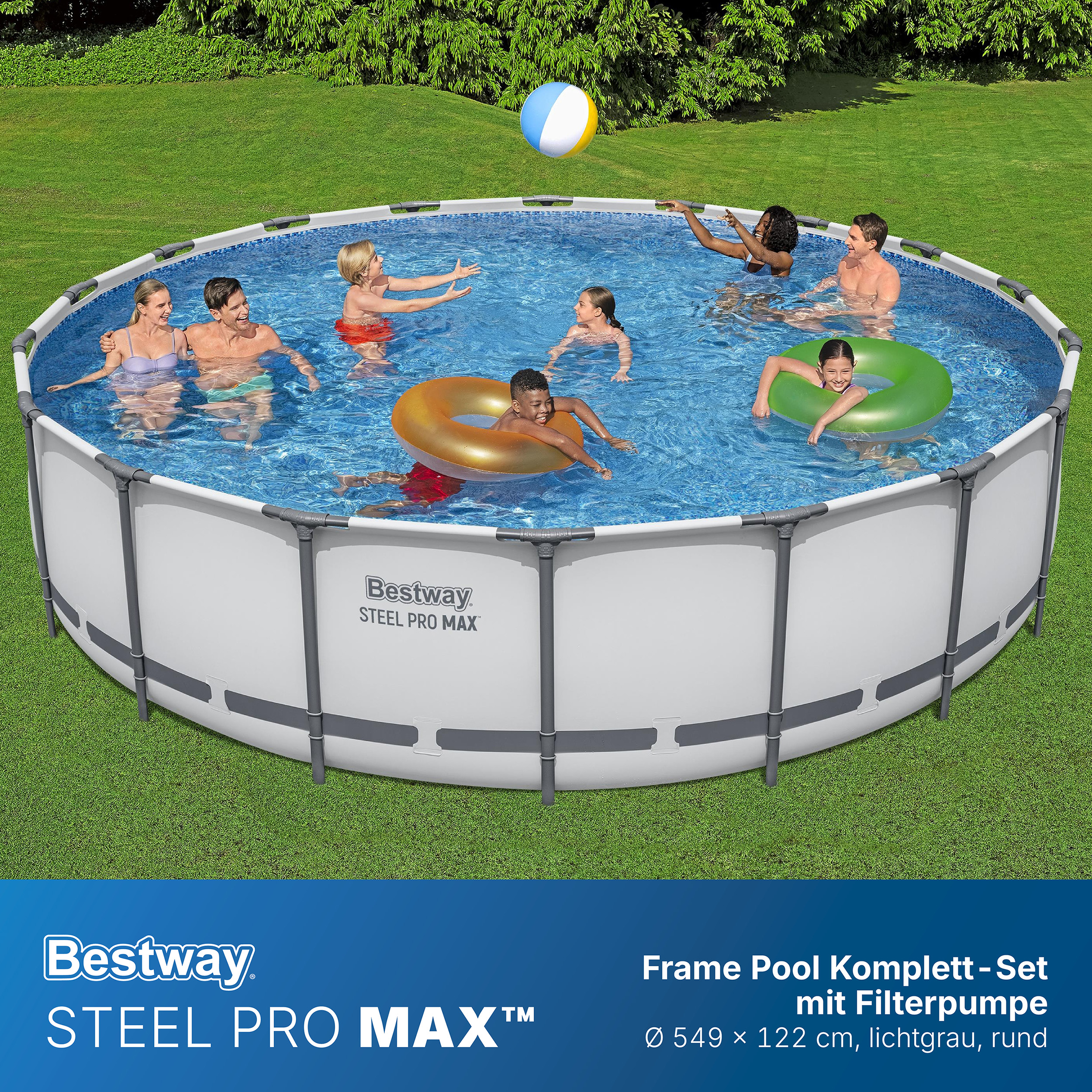 Steel Pro MAX™ Frame Pool Komplett Set mit Filterpumpe Ø 549 x 122 cm, lichtgrau, rund