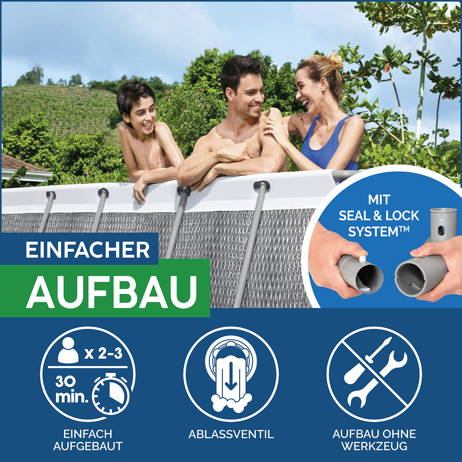Power Steel™ Frame Pool Komplett Set mit Filterpumpe 488 x 244 x 122 cm, Rattan-Optik (Schiefergrau), eckig