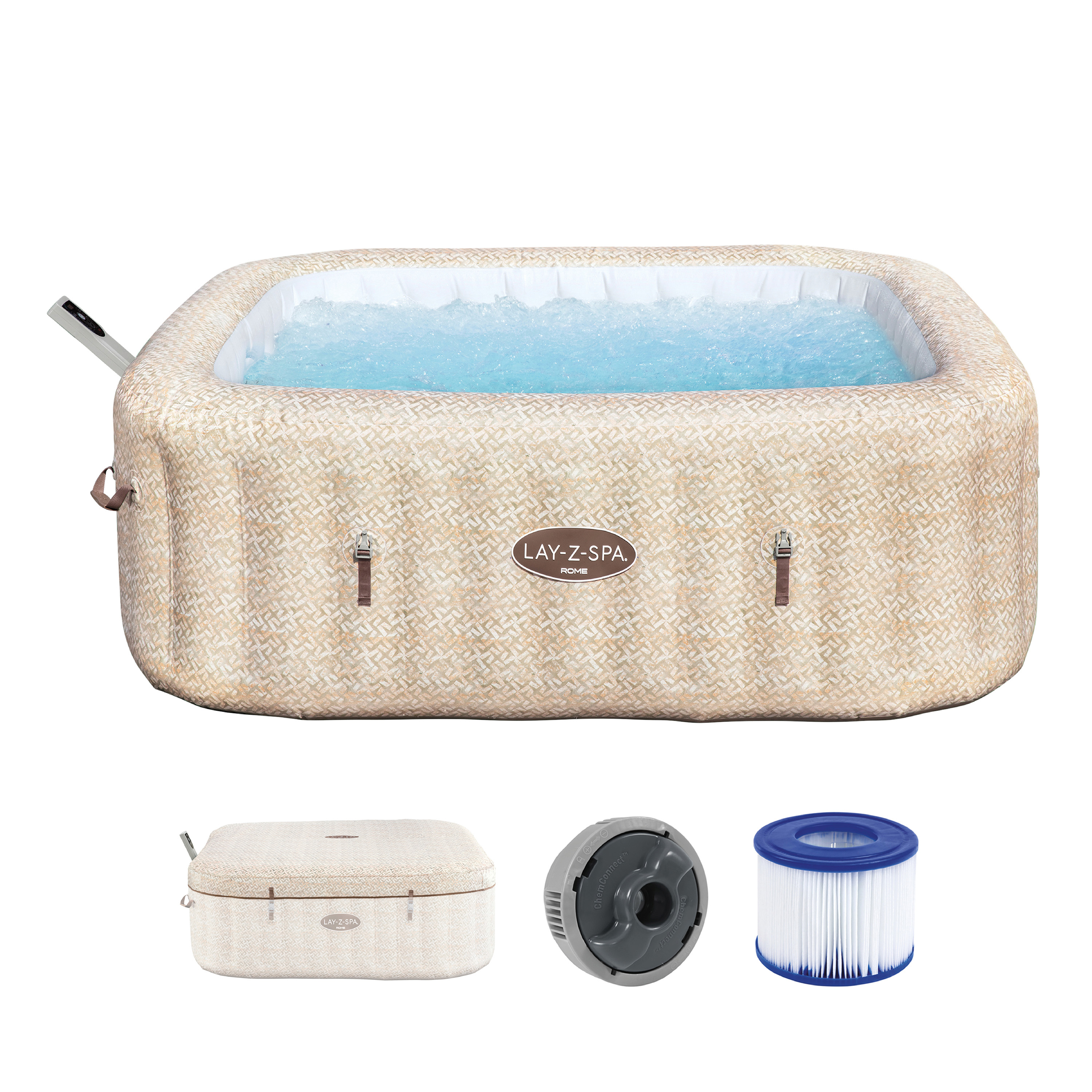 LAY-Z-SPA® WLAN-Whirlpool Rome AirJet™ mit App-Steuerung, für 7 Pers. 201 x 201 x 71 cm, Sandmarmor-Optik