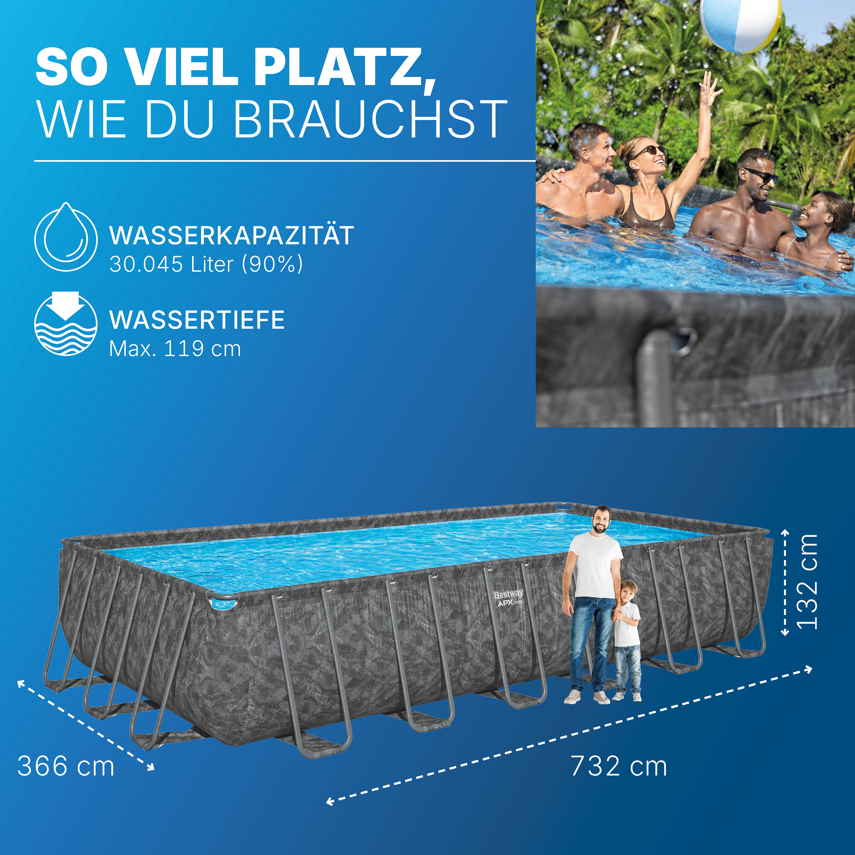 APX365™ Winterfester Solo Pool ohne Zubehör 732 x 366 x 132 cm, Marmor-Optik (Dunkel), eckig