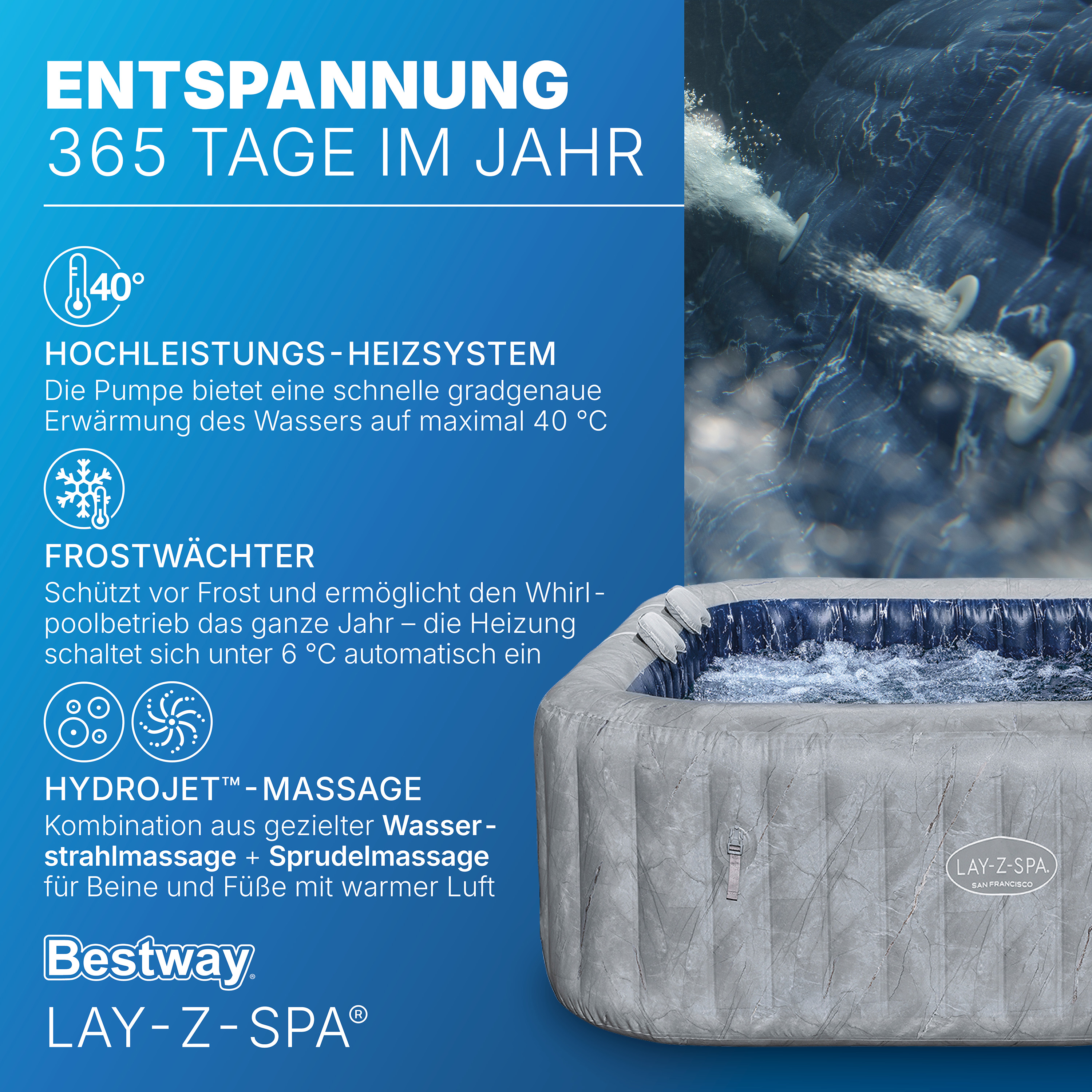 LAY-Z-SPA® WLAN-Whirlpool San Francisco HydroJet Pro™ mit App-Steuerung, für 7 Personen 230 x 230 x 71 cm, Marmor-Optik (Samtgrau)