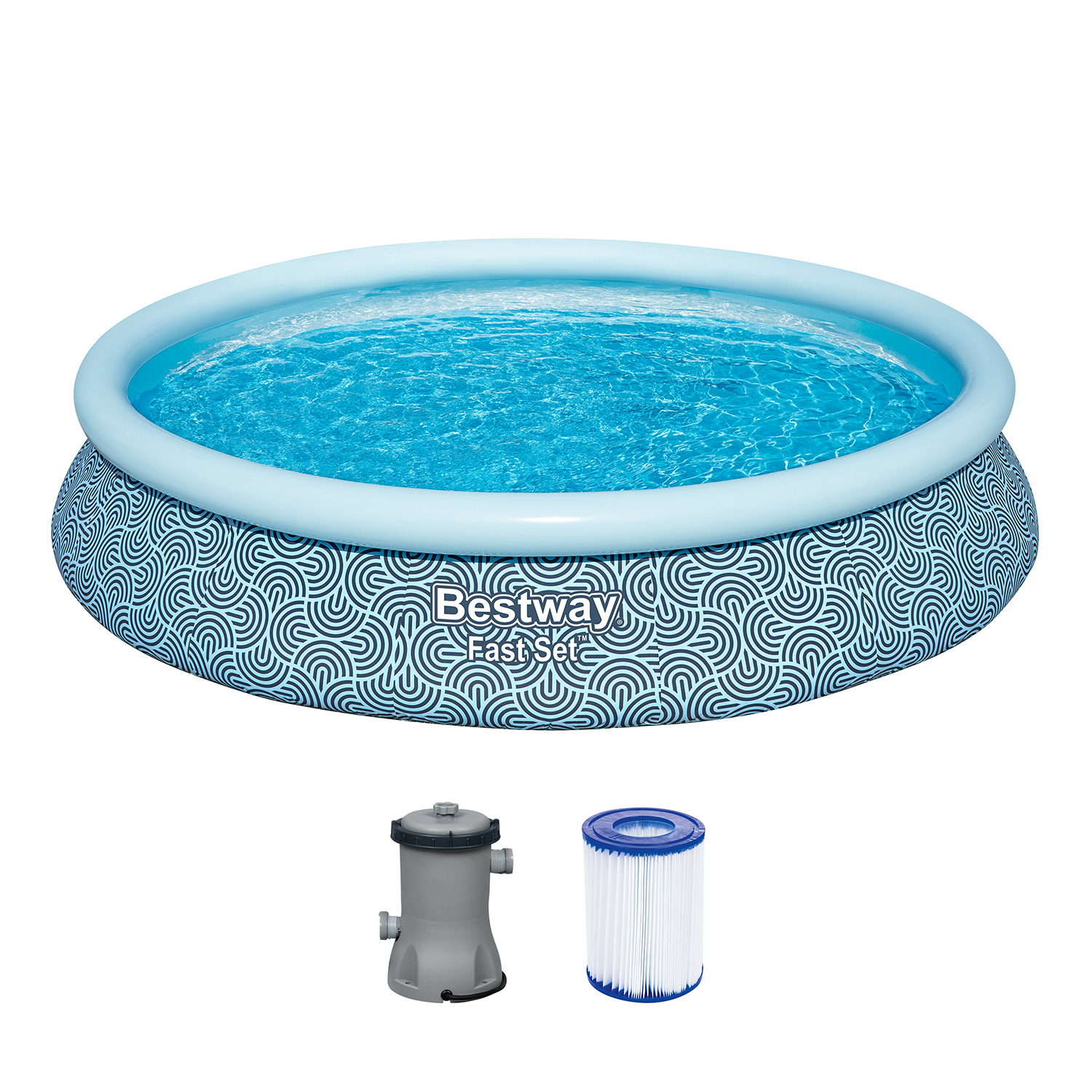 Fast Set™ Aufstellpool-Set mit Filterpumpe Ø 457 x 84 cm, Grafisches Liniendesign, rund Fast Set™ Aufstellpool-Set mit Filterpumpe Ø 457 x 84 cm, Grafisches Liniendesign, rund