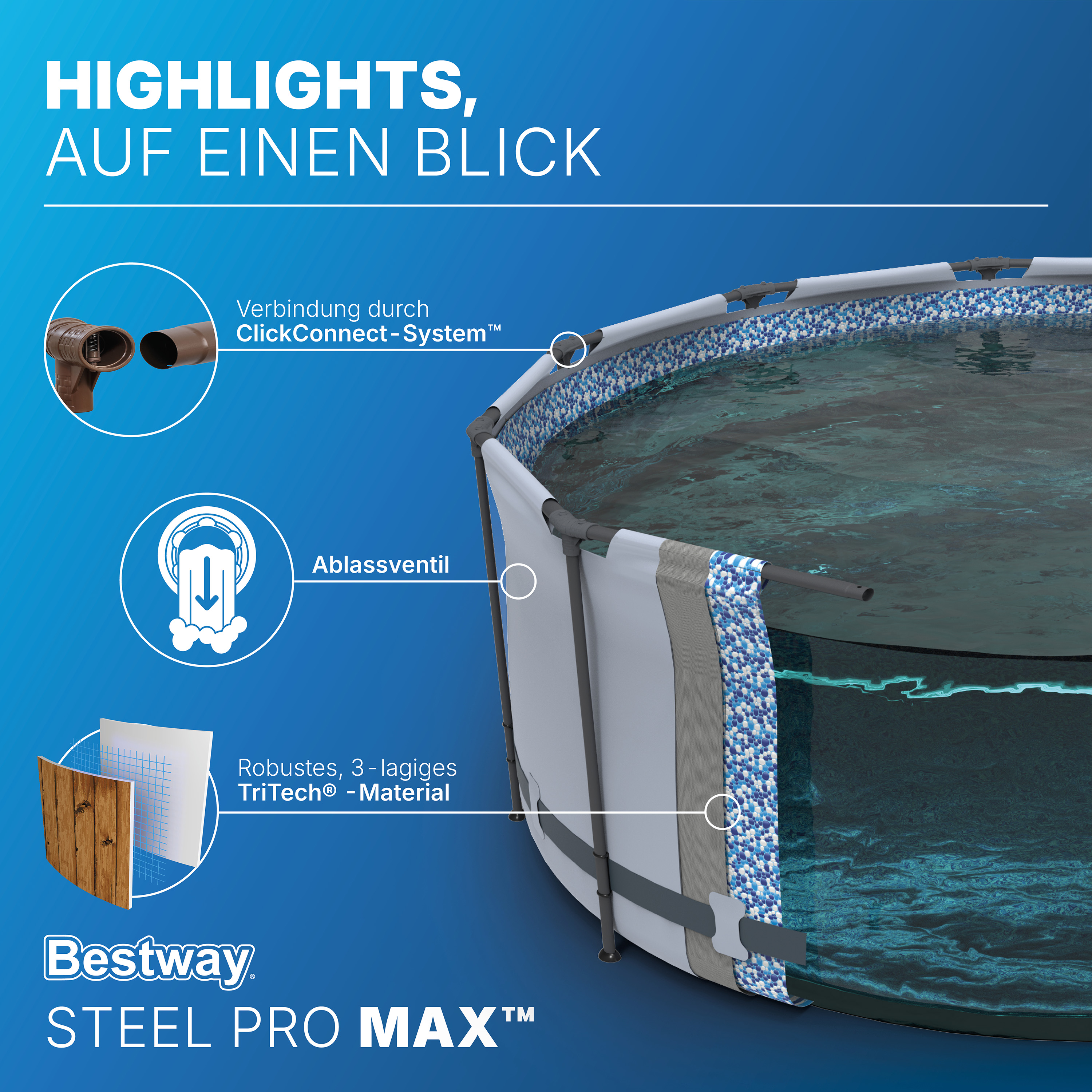 Steel Pro MAX™ Splashview™ Frame Pool Komplett Set mit Filterpumpe Ø 488 x 122 cm, Holz-Optik (Pinie), rund