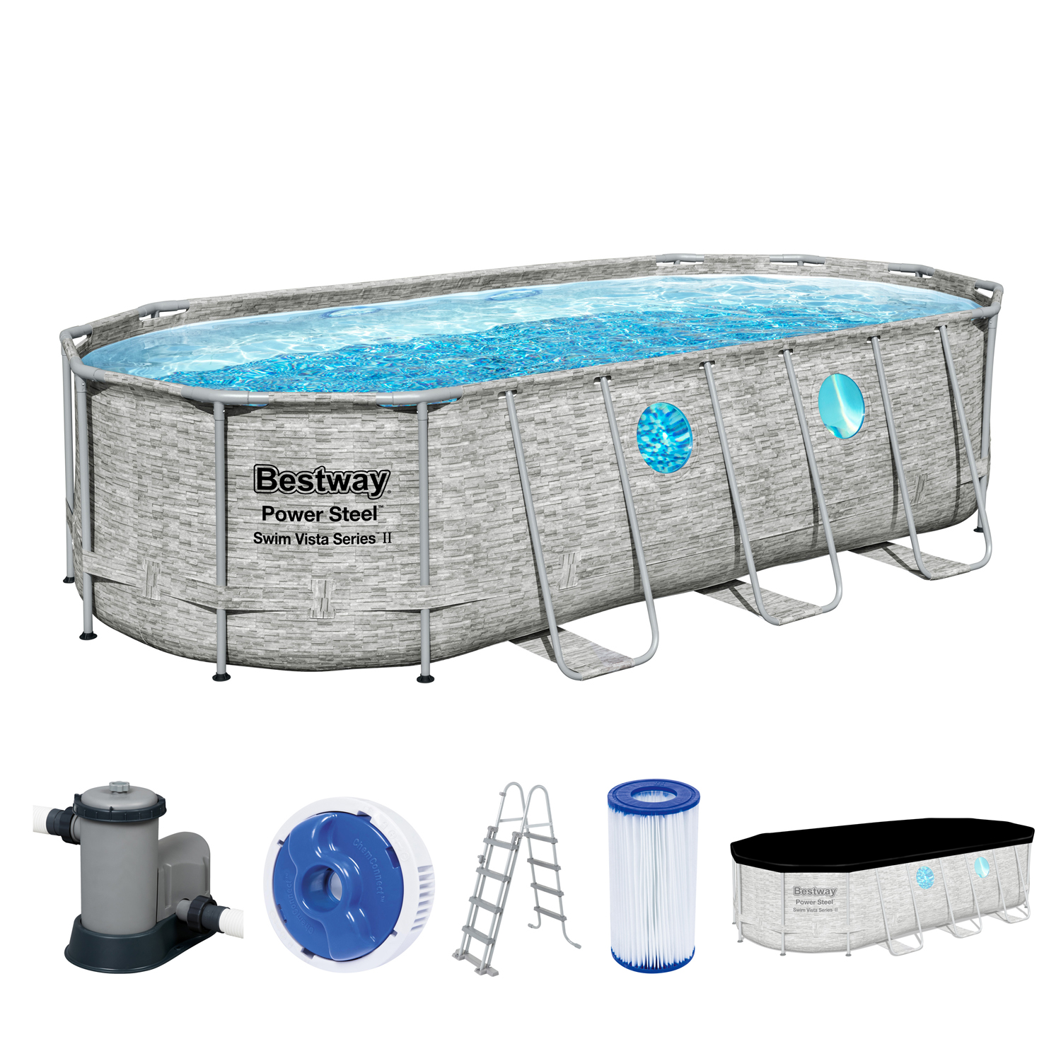 Power Steel™ Swim Vista Series™ Frame Pool Komplett-Set mit Filterpumpe 549 x 274 x 122 cm, Steinwand-Optik (Cremegrau), oval