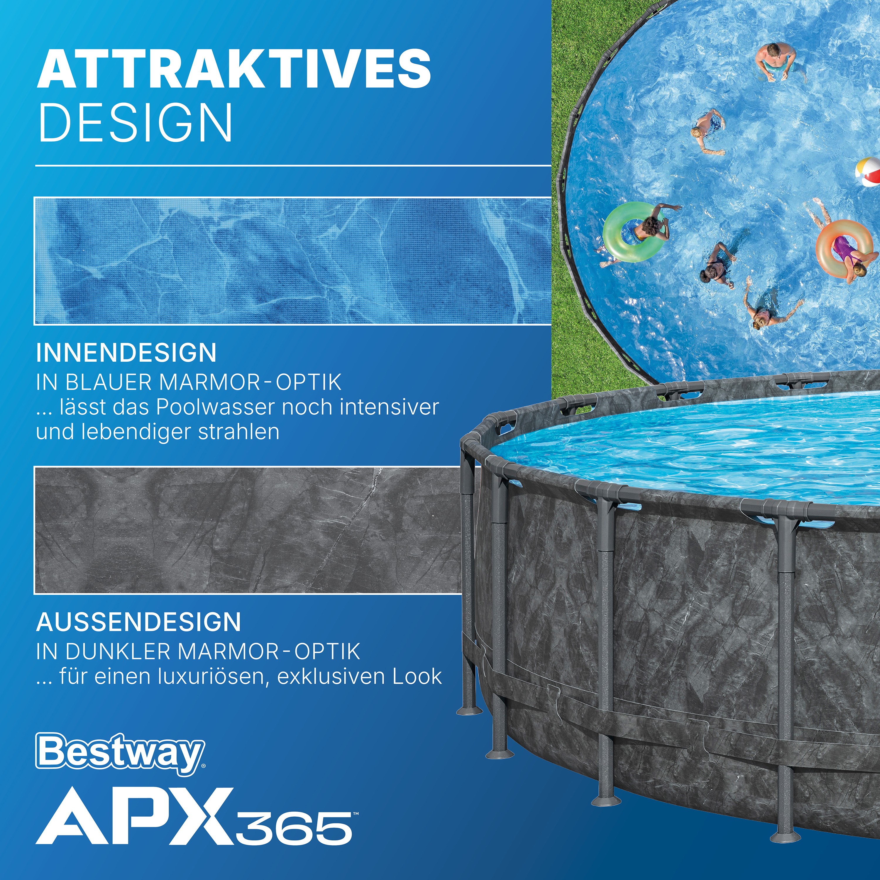 APX365™ Winterfestes Frame Pool Komplett-Set mit Sandfilteranlage Ø 671 x 132 cm, Marmor-Optik (Dunkel), rund